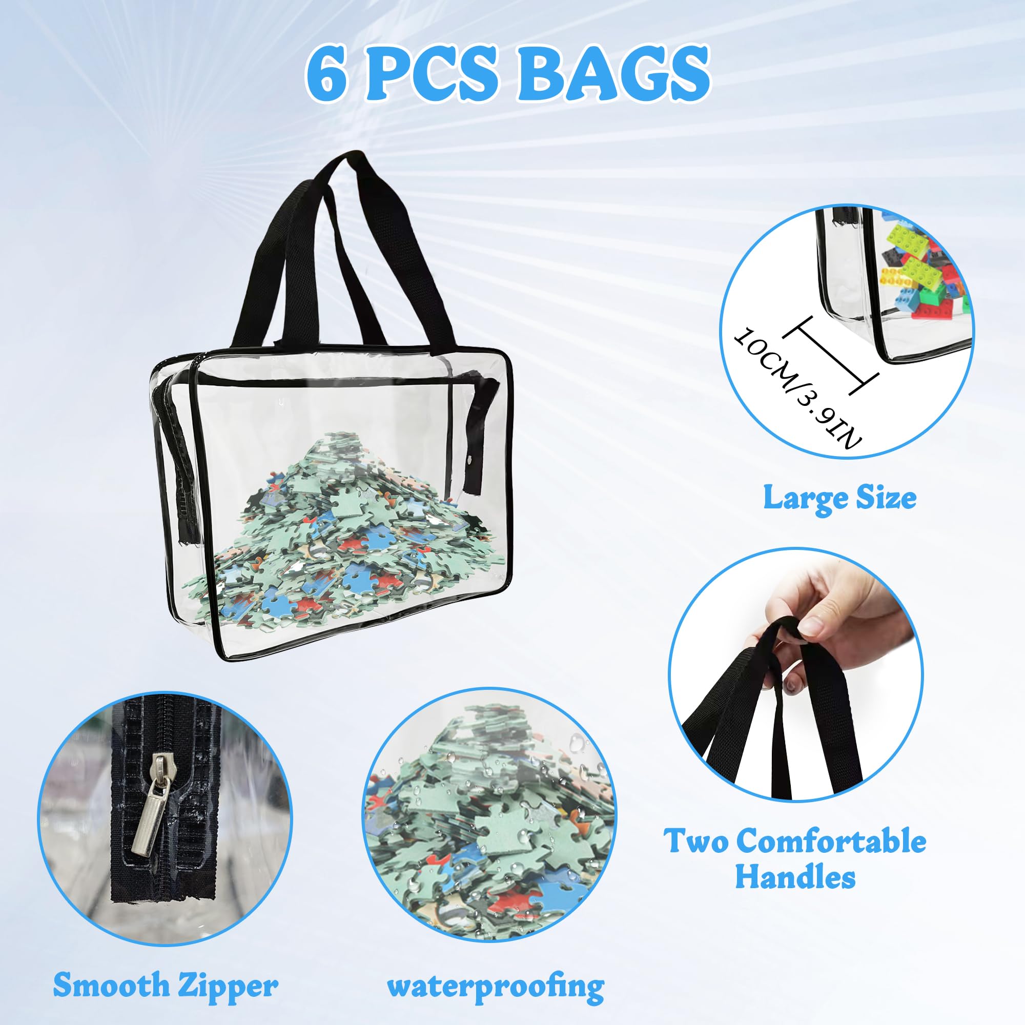 6 Pack Large Clear PVC Zipper Storage Bags - Waterproof Travel Organizer for Board Games, Building Blocks, Puzzles, Kids Toys & Books - Perfect for Home Organization, Playroom Storage & Travel Accessories