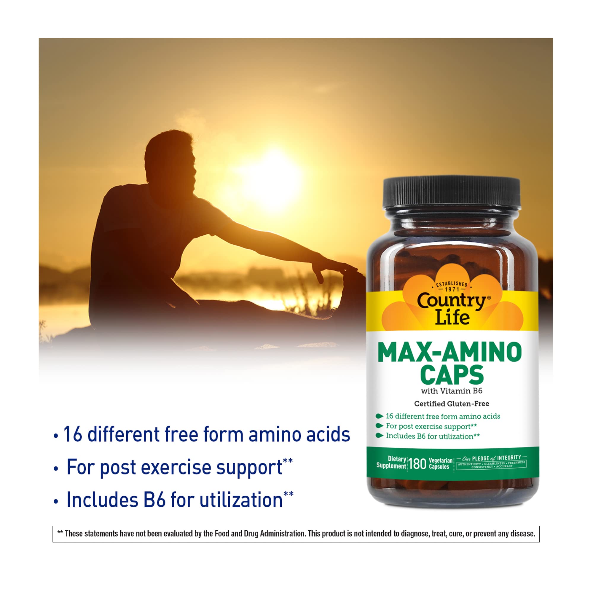 Country Life Maxi-Amino with 16 Free Form Amino Acids - 180 Vegetarian Capsules for Muscle Recovery & Energy Support - Gluten Free & Vegetarian Certified - Ideal for Athletes, Fitness Enthusiasts & Active Lifestyles