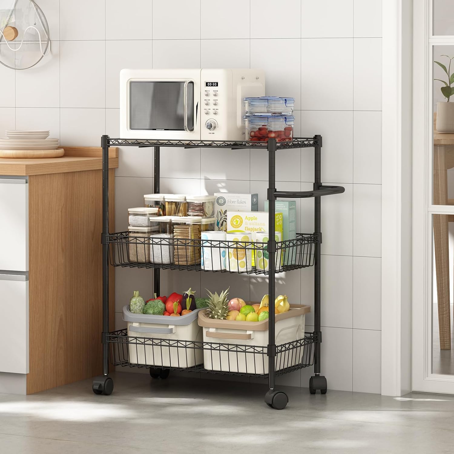 GARVEE 3-Tier Rolling Utility Cart with Wheels & Wire Baskets - Metal Kitchen Storage Cart with Handles for Snacks, Laundry, Bathroom & Office Organization (Black) | Perfect for Small Spaces, Dorm Rooms & Mobile Storage Solutions
