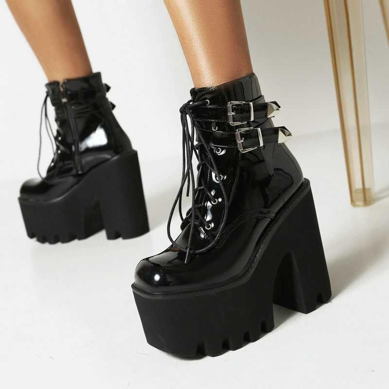 Women's Punk Combat Motorcycle Boots - Platform Block Heel, High Round Toe, Zipper Ankle Boots for Women | Mid Calf Chunky Heel Boots for Riding, Biking & Fashion Outfits