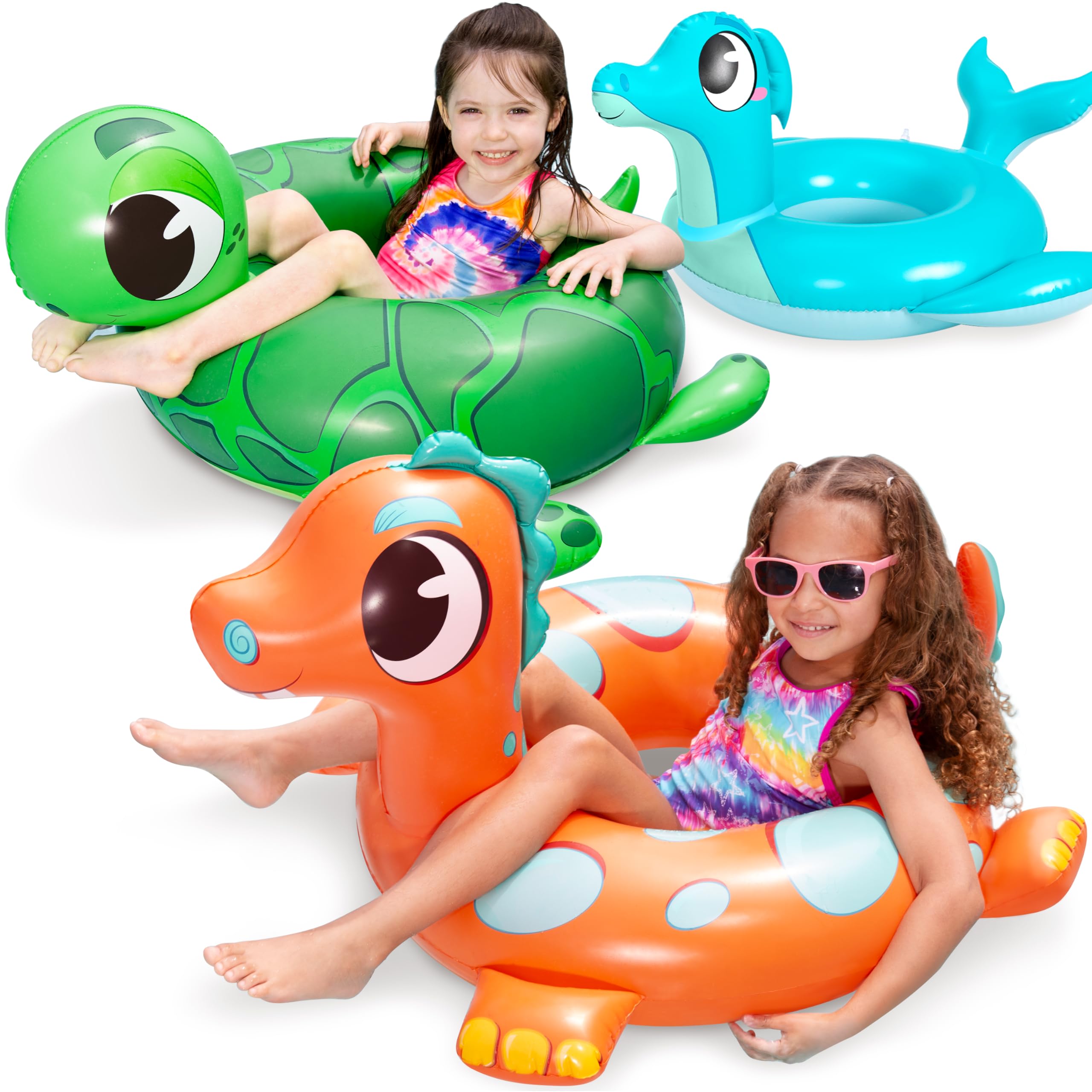 Kids Inflatable Pool Floats - 3-Pack Dinosaur, Sea Turtle & Dolphin Swimming Rings for Toddlers, 29