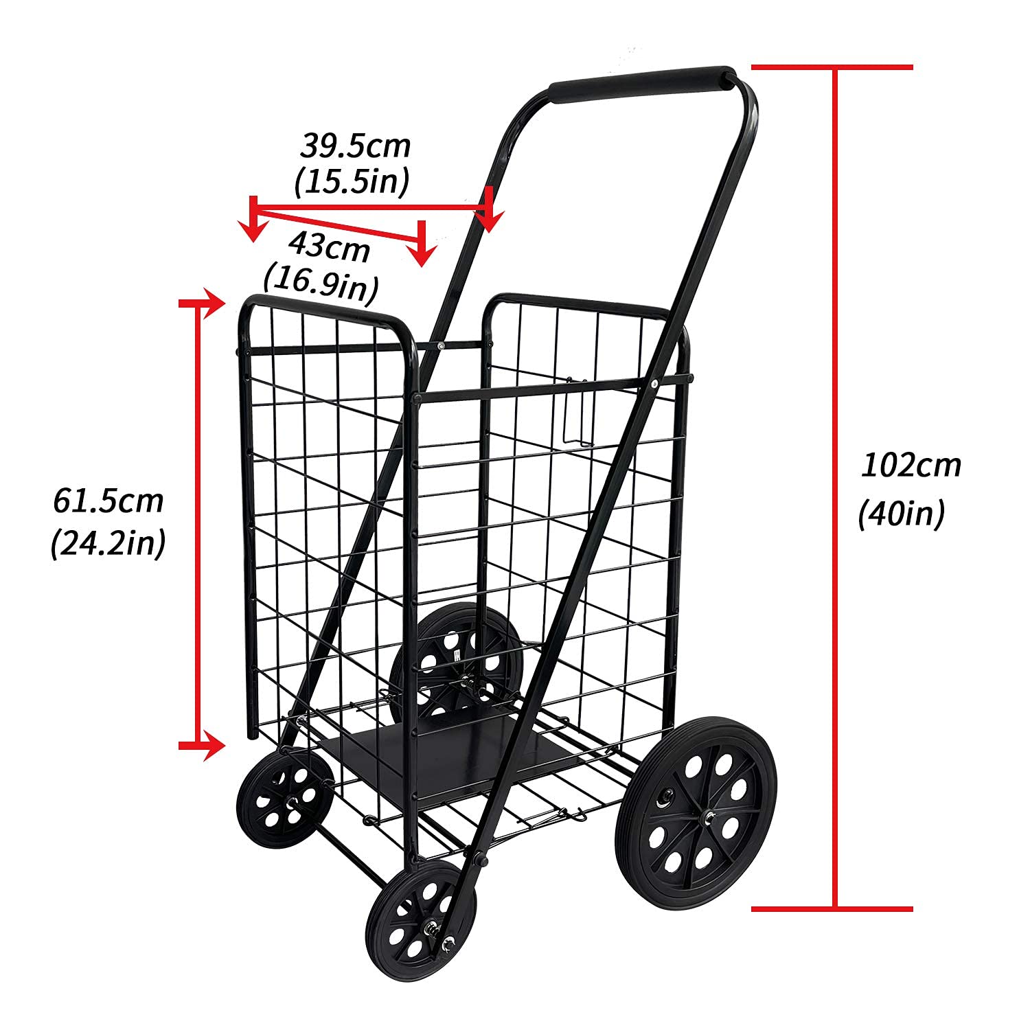 Heavy Duty Metal Folding Grocery Cart with Large Capacity - Upgraded Rubber Wheels for Stability & Durability - 50KG Load Bearing - Convenient Lightweight Shopping Cart for Supermarket, Farmers Market & Home Use (Black)