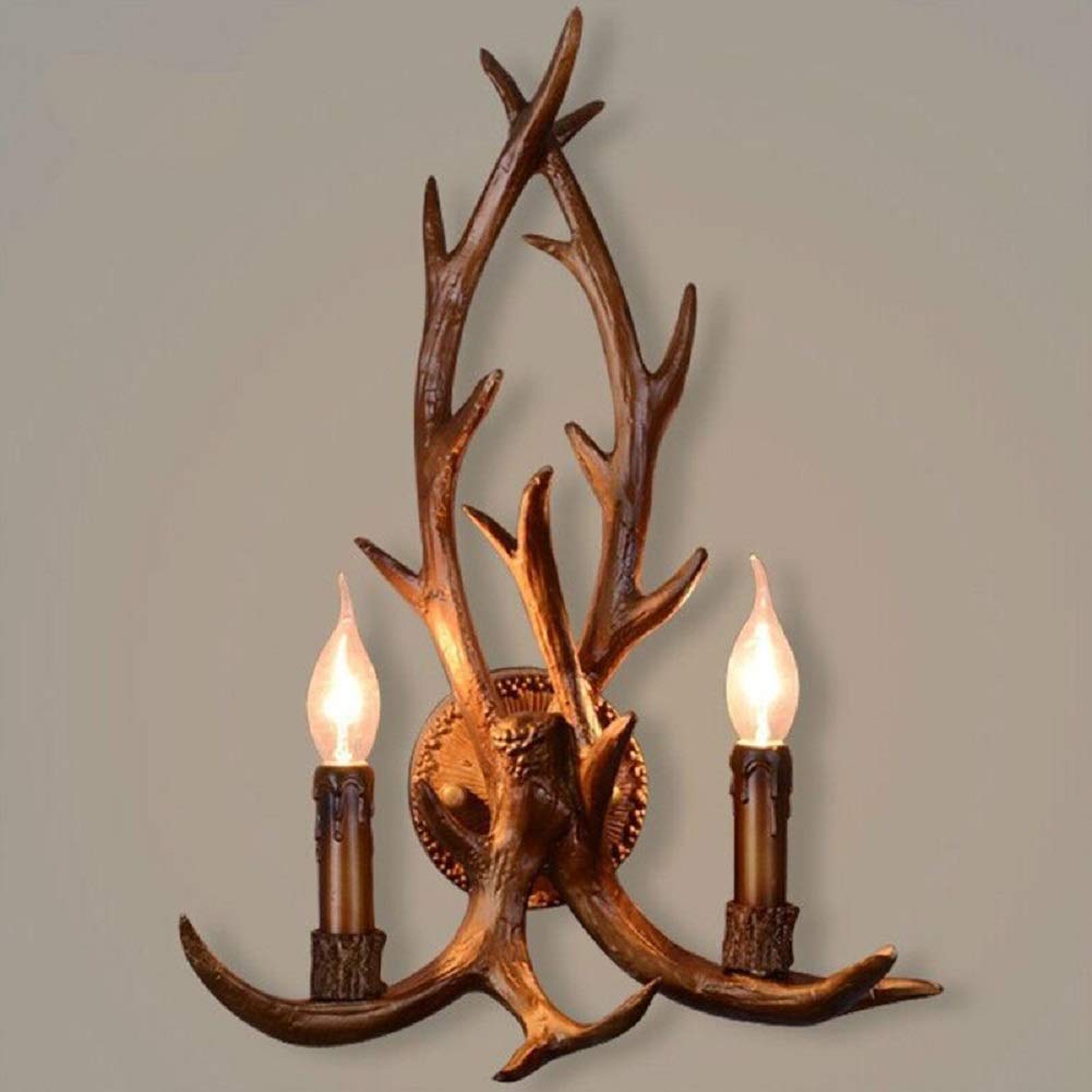 XINDAR Rustic Deer Antler Candle Wall Sconce - Vintage Resin Wall Mounted Lamp with 2 Lights, Antique Style Brown Wall Light Fixture for Cabin, Lodge & Farmhouse Decor