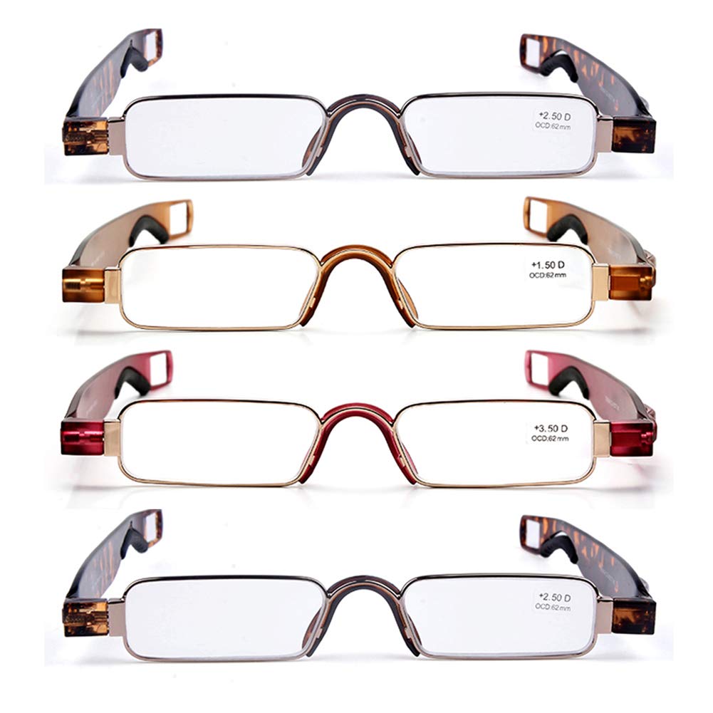 Foldable Slim Mini Reading Glasses with 360° Rotating Tube Pen Clip - Compact Metal Frame Optical Magnifier Glasses (Non-Prescription) - 4 Pack for Men & Women - Perfect for Reading, Office Work, and Travel