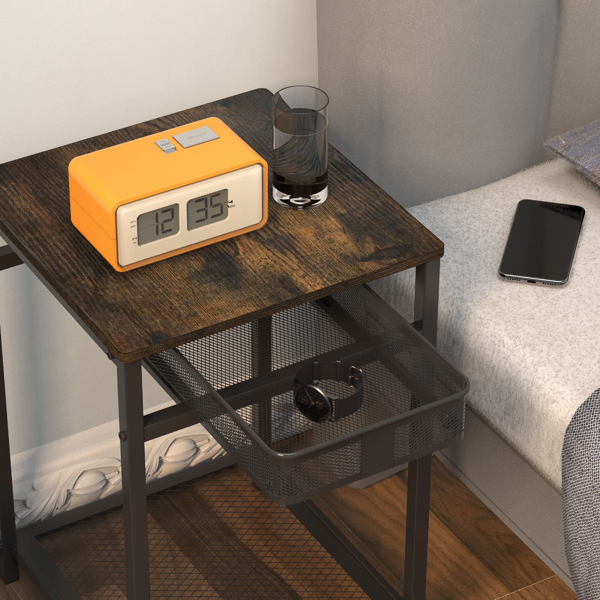 IANIYA Rustic Brown End Table with Grid Storage Drawer - Nightstand, Sofa Side Table for Living Room & Bedroom - Perfect for Small Spaces, Apartment Decor, and Coffee Table Organization