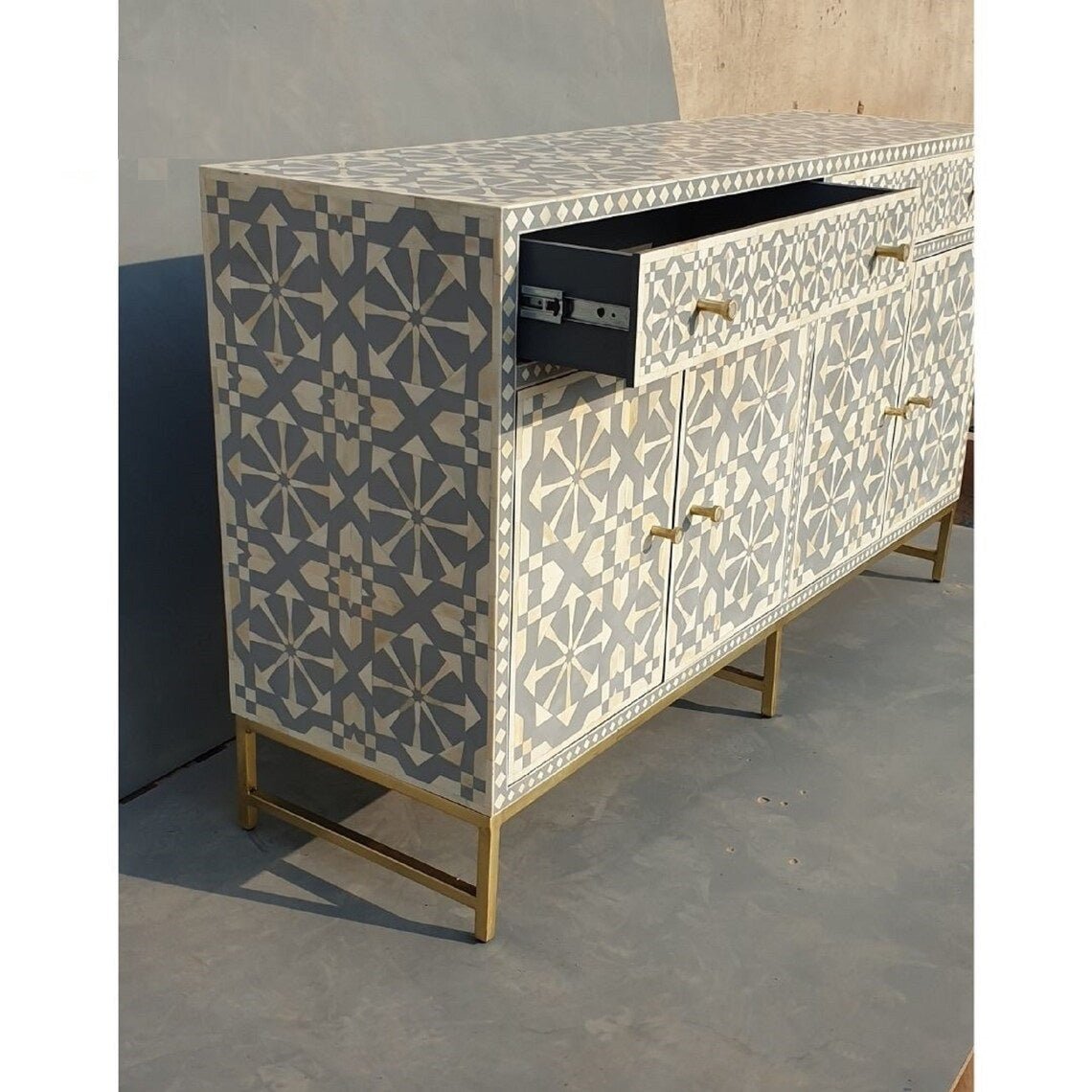 Handmade Bone Inlay Gray and White Sideboard Buffet Table - Vintage Boho Chic Storage Cabinet for Dining Room, Living Room & Entryway