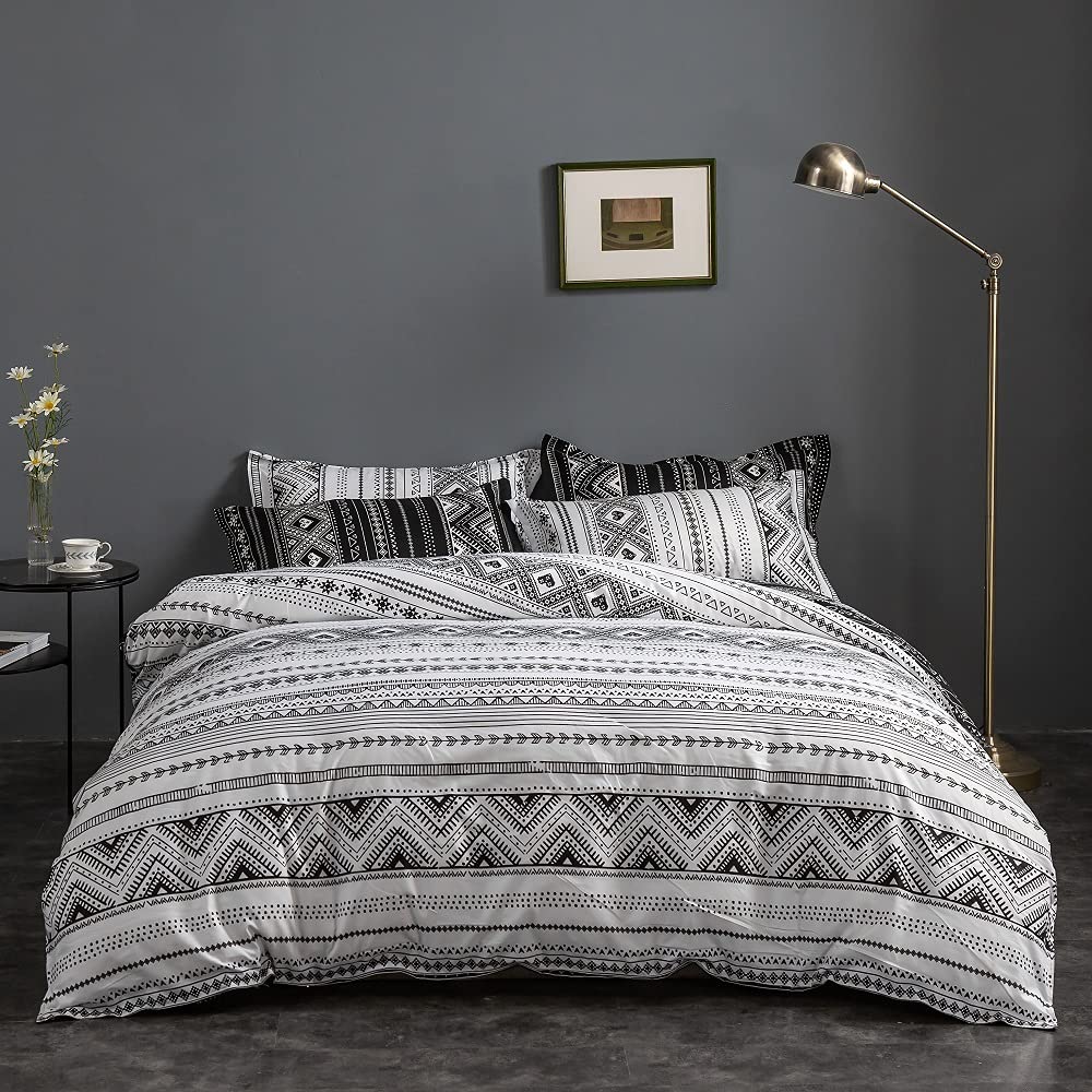 Erosebridal Bohemian Comforter Cover Twin Size - Aztec Striped Bedding Set for Kids, Teens & Adults | Triangle Geometric Duvet Cover with Tribal Quilt Design | Black and White Boho Bedroom Decor for Cozy Dorm, Guest Room & Modern Home
