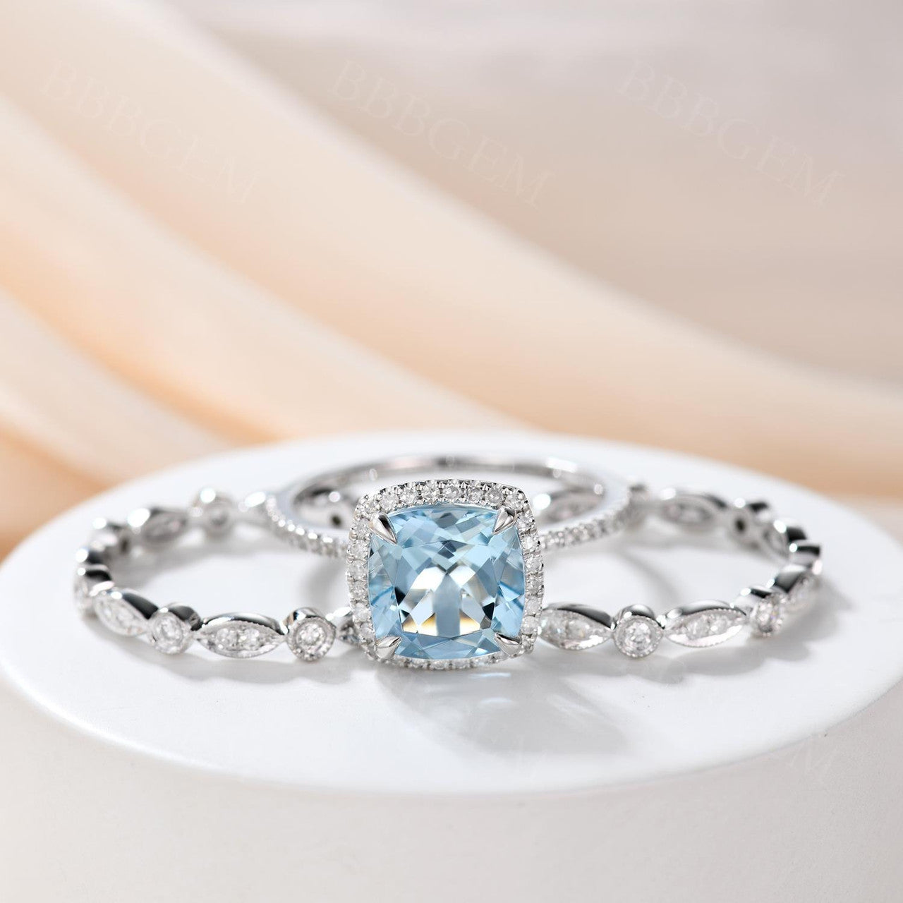 2.2 Carat Cushion Cut Aquamarine and Diamond Bridal Set, 14K White Gold Wedding Ring with Full Eternity Band - Perfect for Engagement, Anniversary, and Art Deco Style Jewelry Lovers