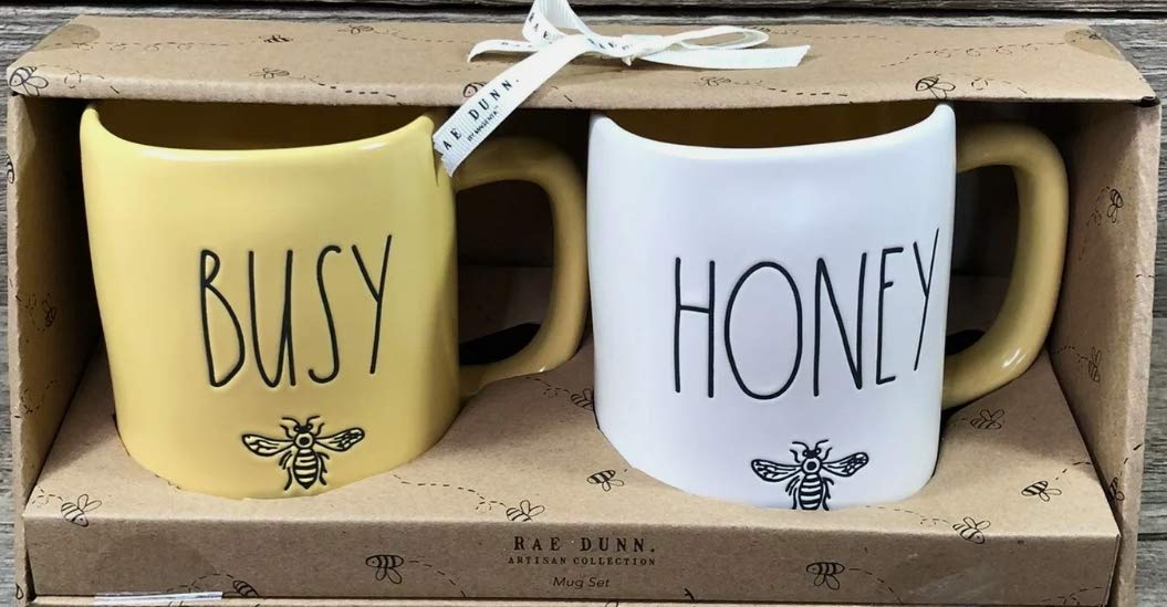 Rae Dunn Busy Bee & Honey Bee Boxed Mug Set - Yellow & White Ceramic Coffee Cups - Perfect for Tea, Coffee, or Hot Chocolate Lovers - Great Gift for Bee Enthusiasts and Home Decor