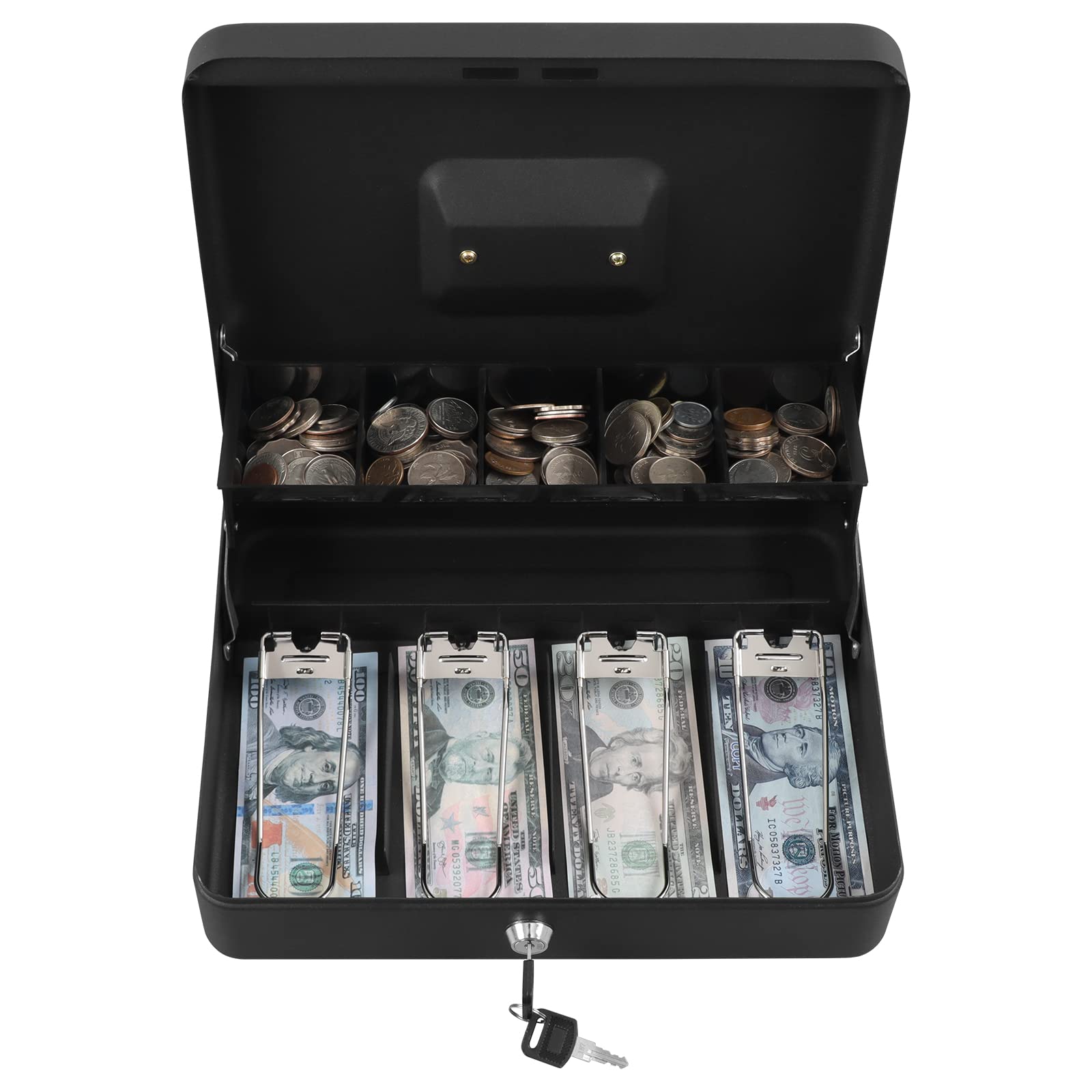 XYDLED Black Sand Grain Cash Box with Key Lock - Money Lock Box with 4 Bill & 5 Coin Slots, Tiered Cash Tray - 11.8