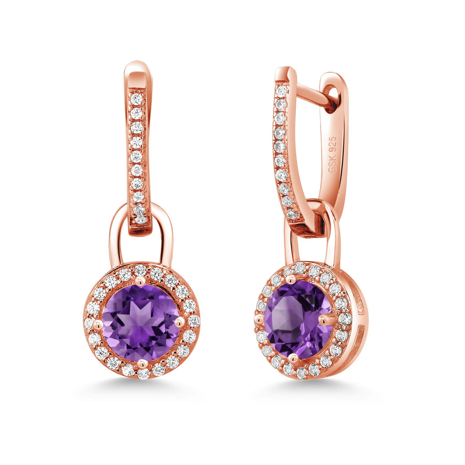 2.64 Ct Natural Purple Amethyst & White Sapphire 18K Rose Gold Plated Sterling Silver Earrings for Women - Elegant Dangle Earrings for Wedding, Party & Special Occasions