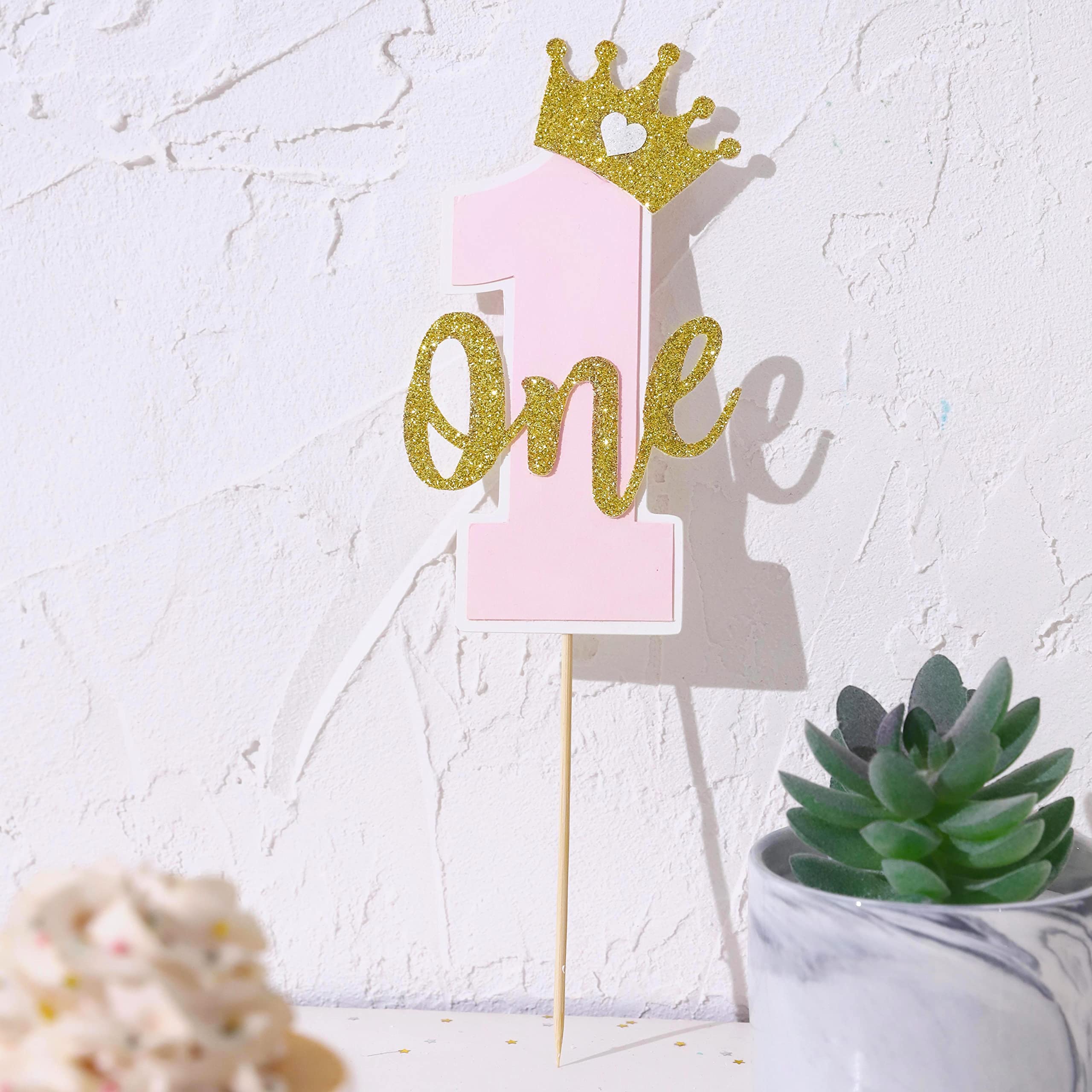 Pink and Gold 1st Birthday Cake Topper for Baby Girls - Elegant First Birthday Cake Decoration with Cake Smash Props | Perfect for 1 Year Old Birthday Parties, Baby Showers & Photo Shoots