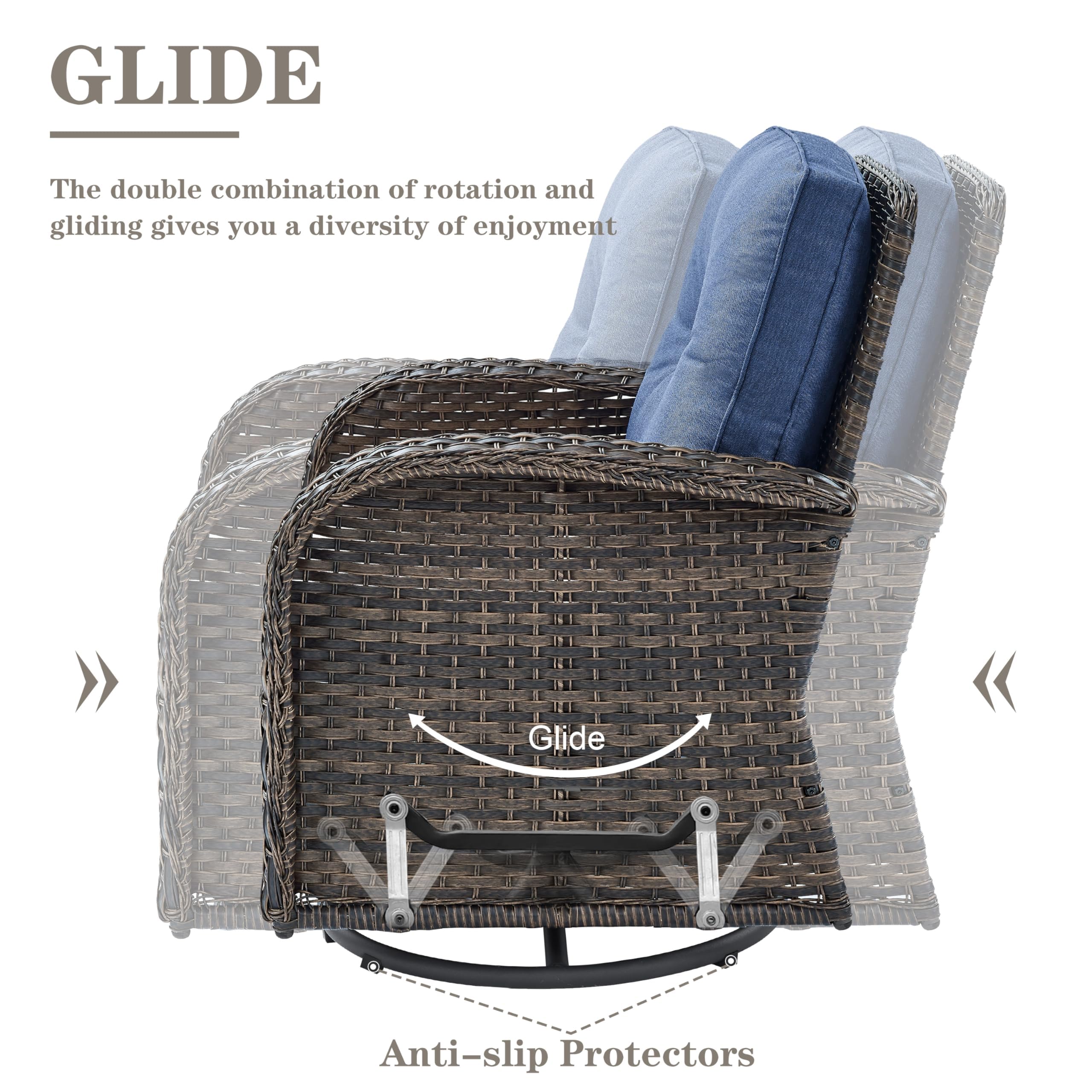 PE Wicker Patio Swivel Glider Chair with Cushions - Outdoor Rocking Chair for Porch, Deck & Balcony - Brown Wicker with Blue Cushion - Perfect for Relaxing, Sunbathing & Entertaining Guests