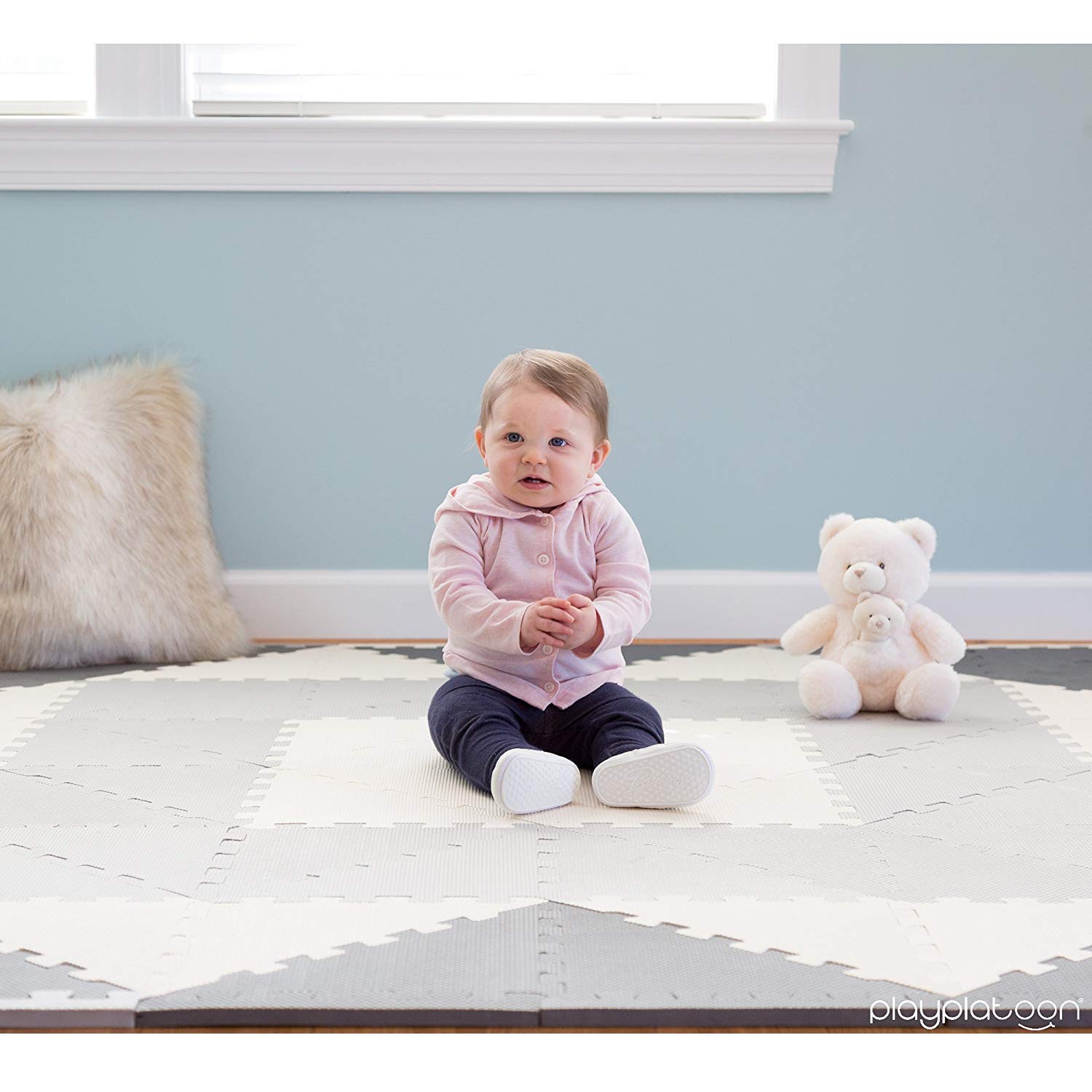 Non-Toxic Extra-Thick 96-Piece Triangle Foam Play Mat - 6x6ft Soft Cushioned Floor Puzzle for Kids & Toddlers - Gray & Cream - Perfect for Playrooms, Daycares & Home Gym Exercise Areas