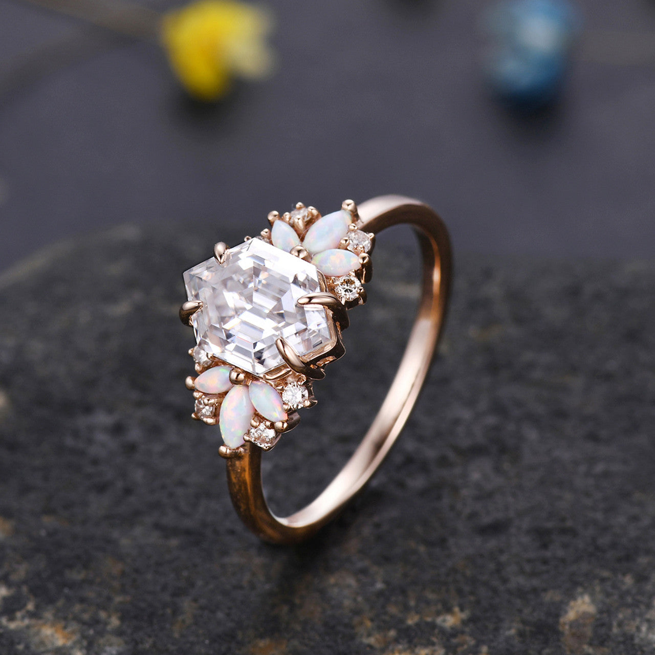 Vintage Hexagon Cut Moissanite Opal Engagement Ring - Rose Gold Promise Ring for Women, Wedding, Proposal & Anniversary Gifts | Elegant Jewelry for Special Occasions