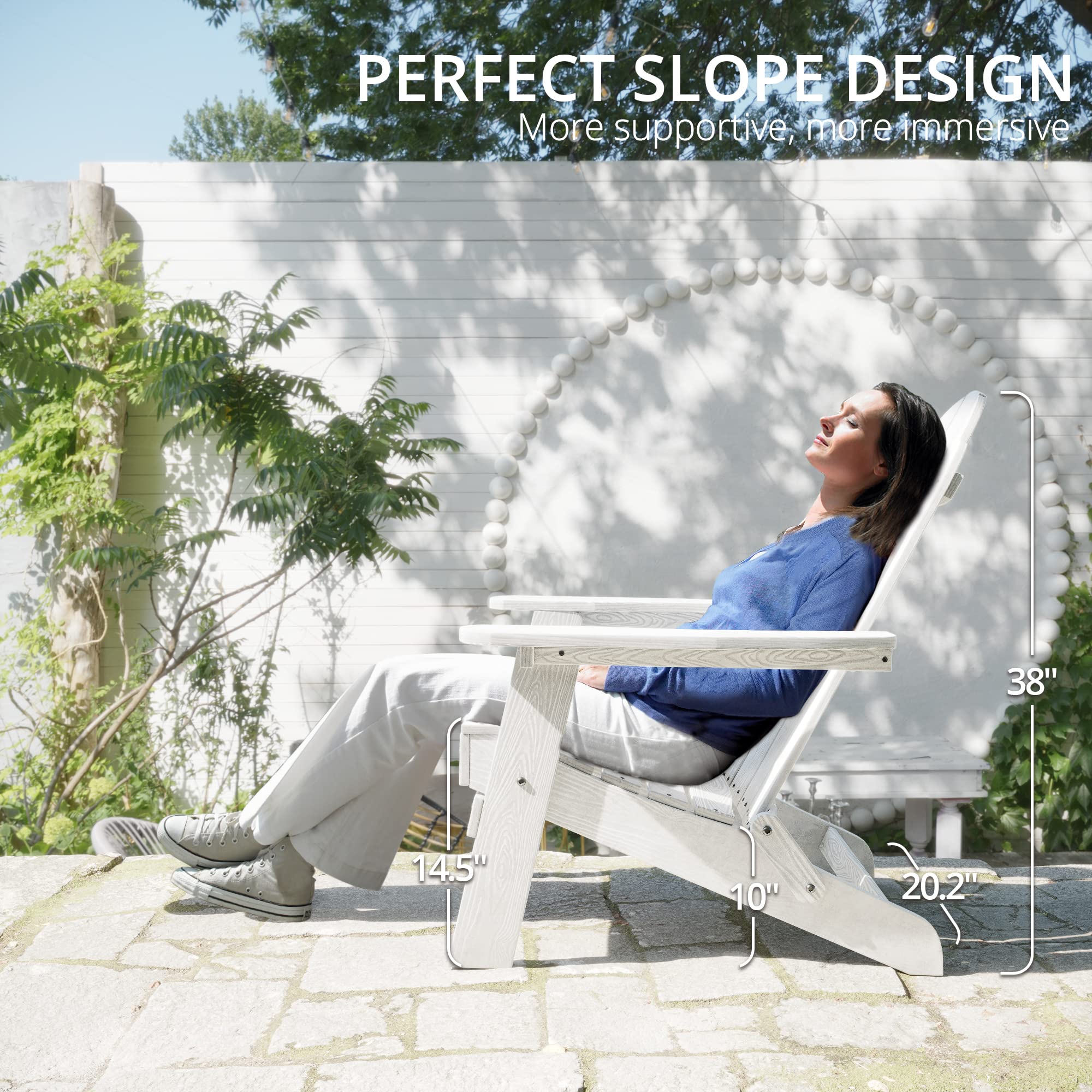 LUE BONA Folding Adirondack Chair Set of 2 - White Weather-Resistant HDPE Plastic Outdoor Patio Chairs with Cup Holder for Fire Pit, Garden, Poolside & Backyard Relaxation