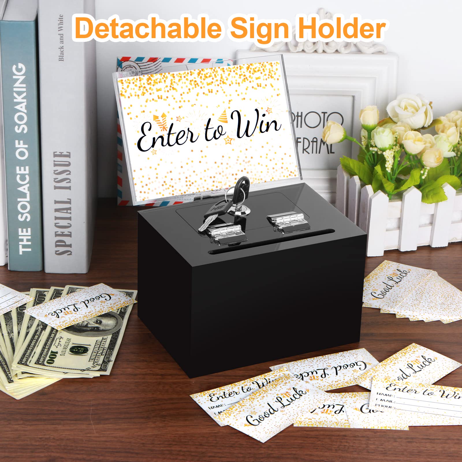 Secure Black Acrylic Donation Box with Lock - Clear Ballot Voting Box with Sign Holder & 100 Raffle Tickets - 6x4.3x4 Inch Safe Suggestion Box for Church, School Events, Charity Fundraisers & Voting Stations