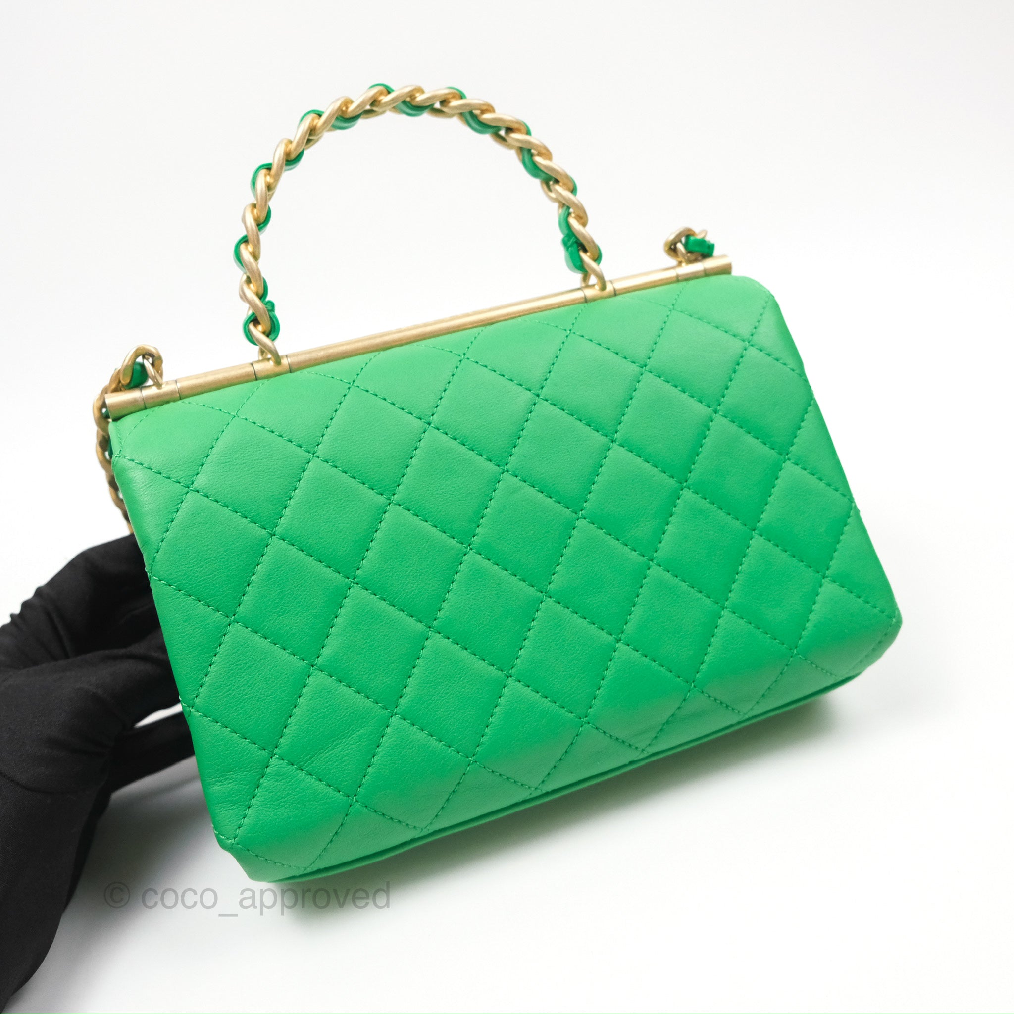Chanel CC Quilted Flap Bag With Top Handle - Green Calfskin Leather Crossbody Bag with Gold Hardware | Luxury Designer Handbag for Women, Perfect for Date Night & Special Occasions