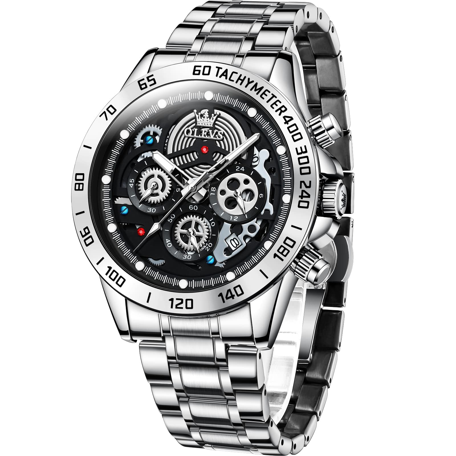 OLEVS Men's Waterproof Black Stainless Steel Chronograph Watch with Screw Down Crown - Sport, Outdoor & Casual Wear for Everyday Use