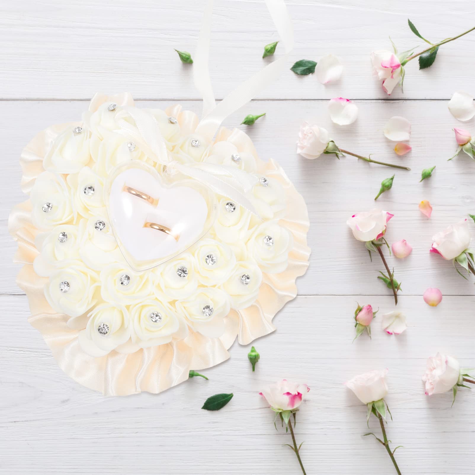 Elegant Rose Ring Pillow with Lace & Crystal - Heart-Shaped Wedding Ring Box Cushion for Ring Bearer - Perfect for Wedding Ceremony, Proposal & Bridal Jewelry Gift - Beige Romantic Wedding Accessory
