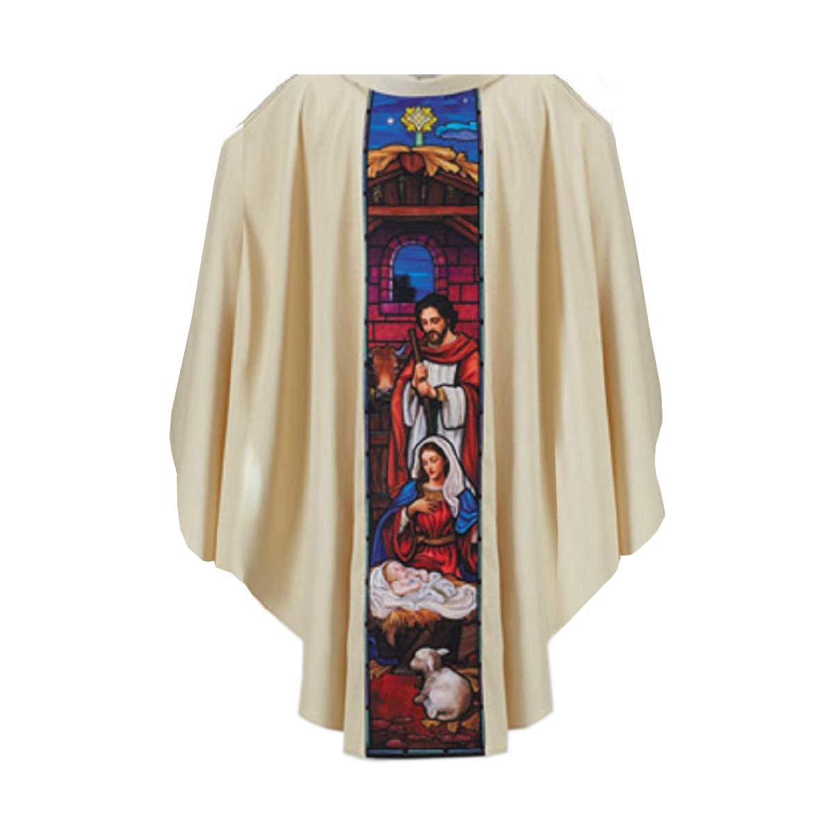 59 Inch Beige Stained Glass Christmas Nativity Chasuble with Inner Stole - Perfect for Church Services, Holiday Celebrations & Nativity Displays