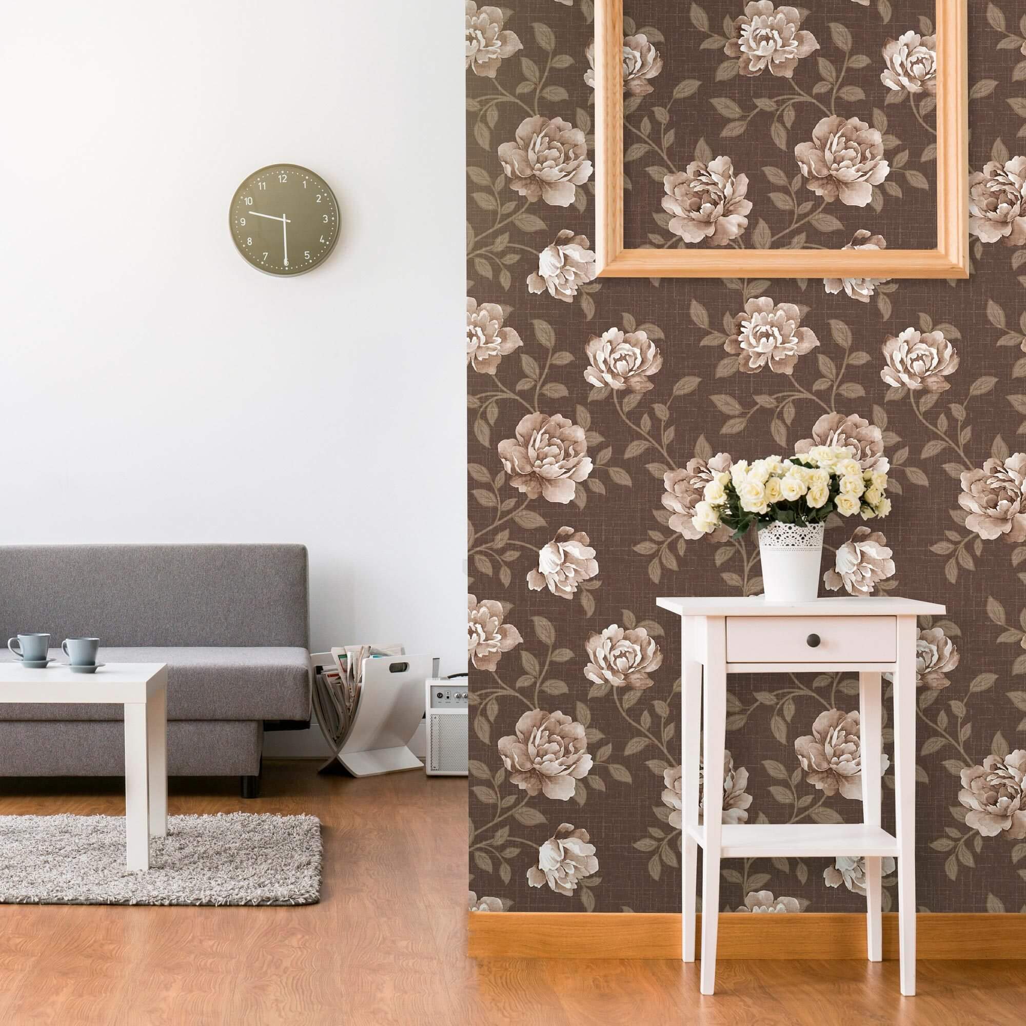 Brown Textured Floral Peel and Stick Removable Wallpaper - Self-Adhesive Wall Decor for Bedroom, Living Room & Nursery - Easy DIY Home Renovation