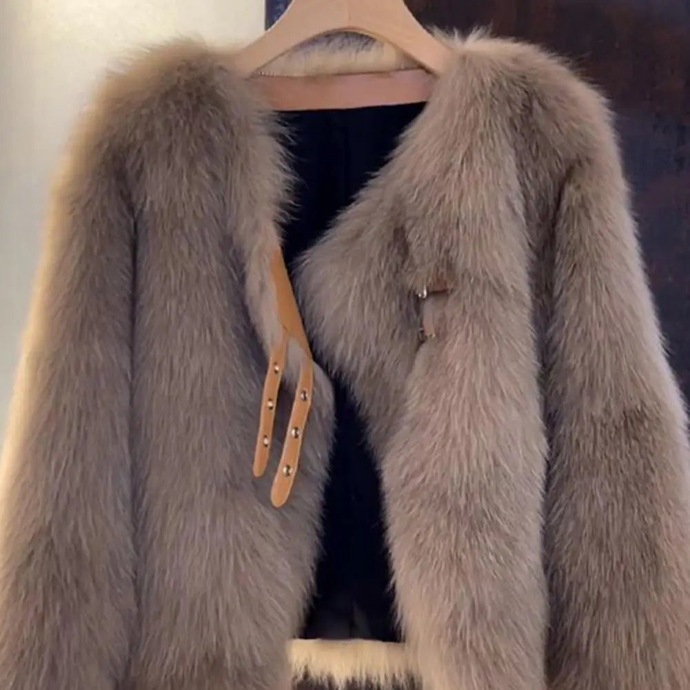 Warm Faux Fur Knit Cardigan Coat for Women - Cozy Winter Long Sleeve Sweater Jacket with Buckle & Strap Decor | Perfect for Fall/Winter Fashion, Office Wear & Casual Outings