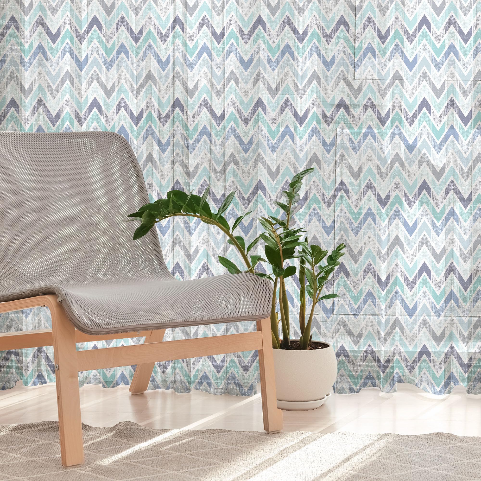 Ambesonne Modern Tulle Curtains with Rod Pocket - Blue and White Doodle Style Dots & Zigzag Pattern Sheer Drapes (108
