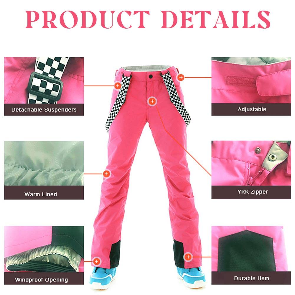 GS SNOWING Women's Insulated Waterproof Snow Pants - Windproof Ski Bib Overalls with Detachable Suspenders for Snowboarding, Skiing & Winter Outdoor Activities