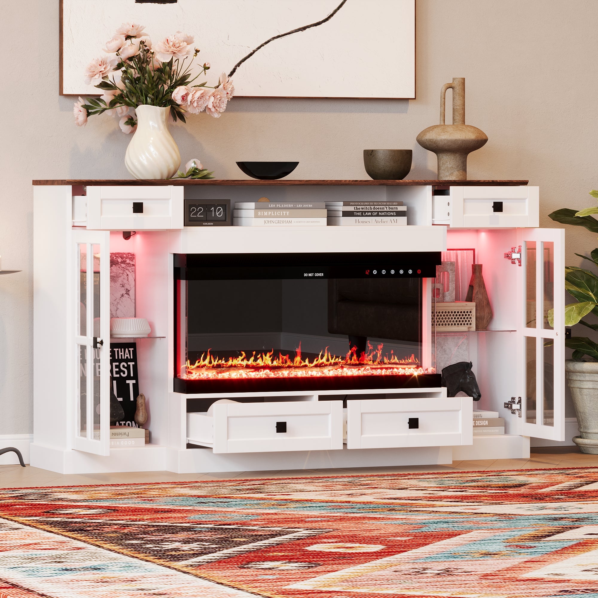 30 Inch Electric Fireplace with White TV Stand - Adjustable LED Flame & Heat - Perfect for Living Room, Bedroom, or Office Decor