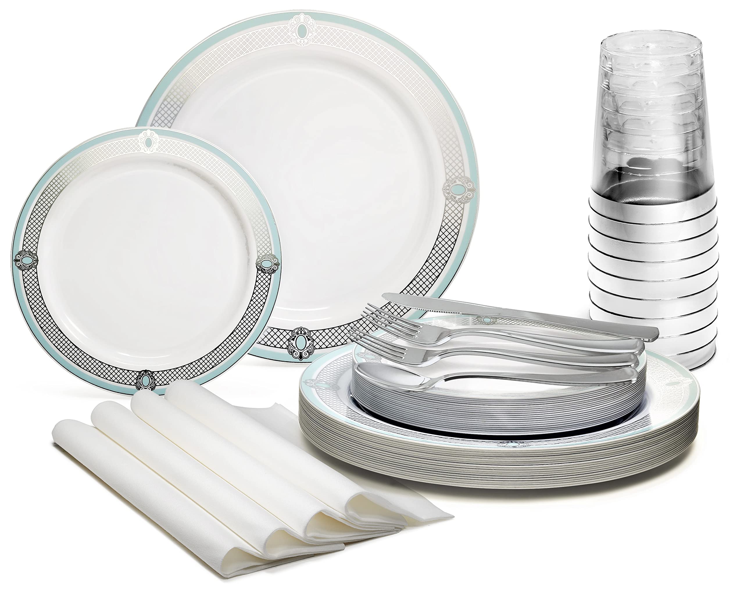 640-Piece Wedding Party Disposable Plastic Plate Set - 80 x 10.25'' Dinner Plates + 80 x 7.5'' Dessert Plates + Silverware + Cups + Napkins (Elegant White/Green & Silver) - Perfect for Weddings, Bridal Showers, Anniversaries & Formal Events