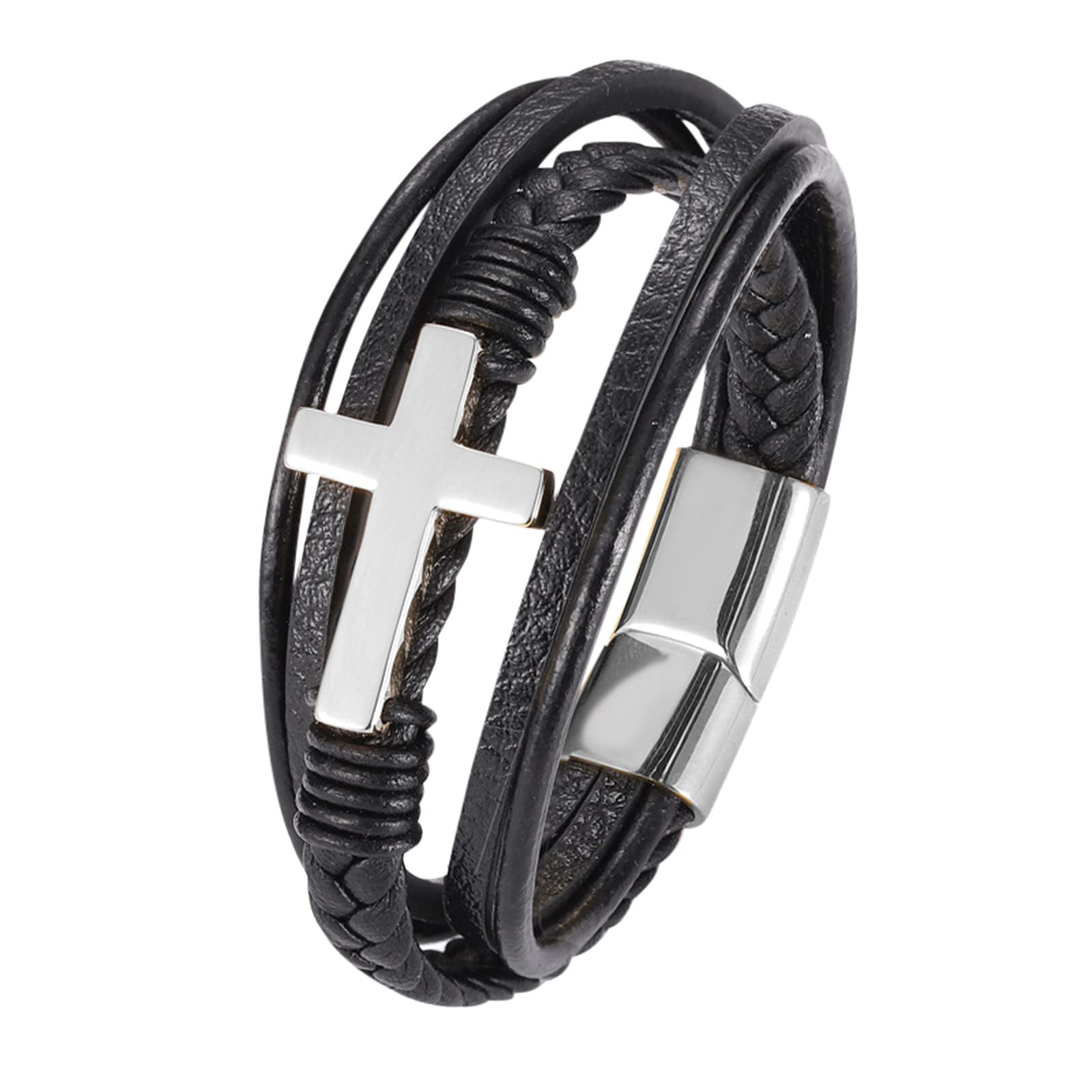 Men's Leather Cross Bracelet with Engraved Names - Handwoven Luxury Christian Bracelet for Men - Perfect Gift for Him, Baptism, Father's Day & Everyday Wear