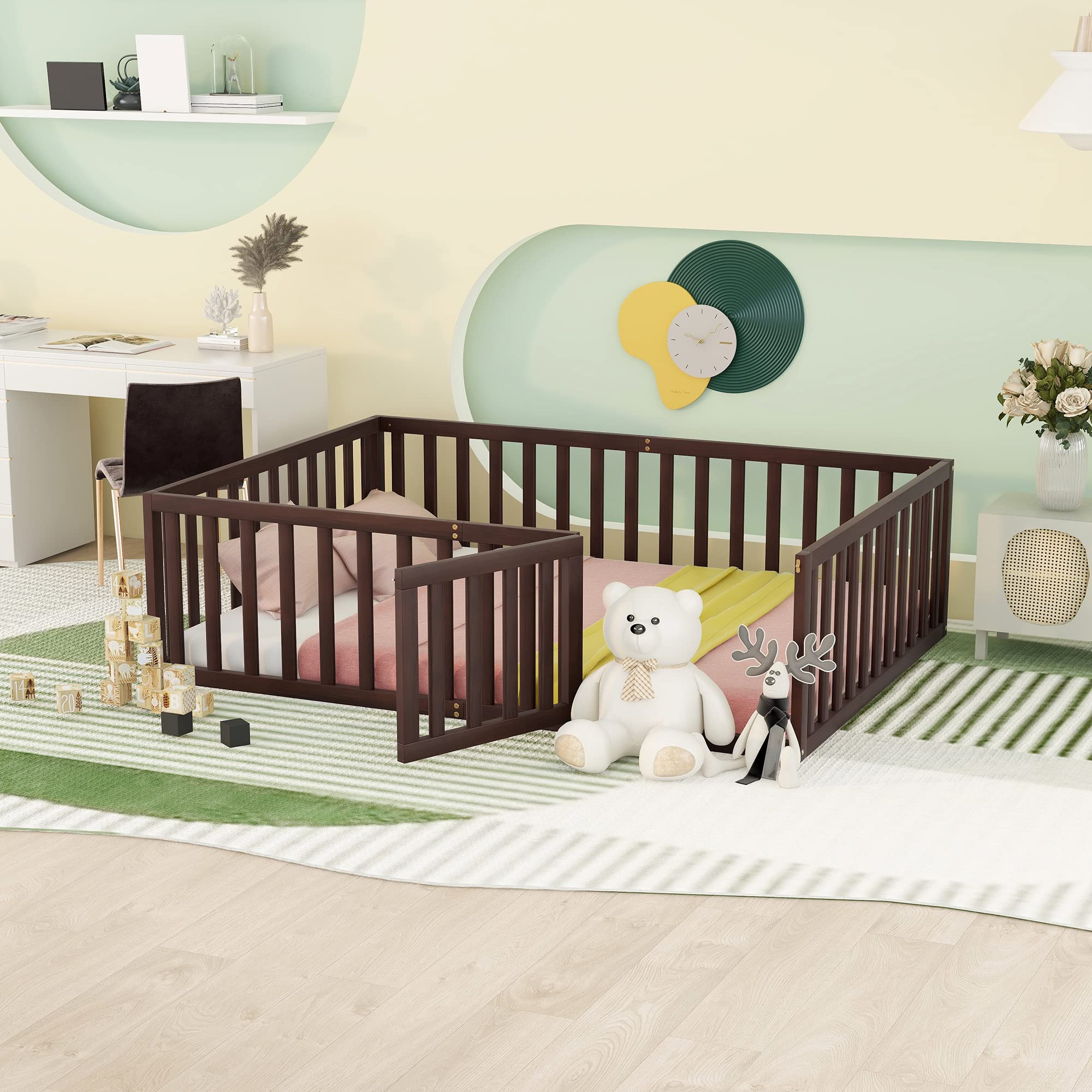 **MERITLINE Full Size Wooden Bed Frame for Kids with Safety Fence & Door - Montessori Floor Bed for Children 6+ Years - Easy Assembly, No Box Spring Needed (Walnut) - Perfect for Toddler Rooms, Daycare, or Montessori Classrooms**