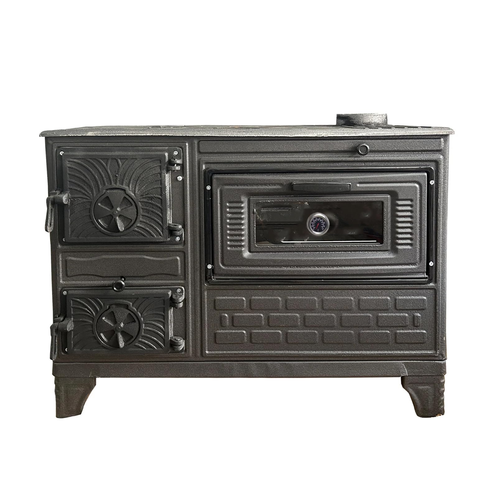 Premium Cast Iron Wood Burning Stove with Oven - Durable Baking Oven & Heating Stove with Built-in Thermometer, Brick Lined Fireplace for Home, Cabin & Outdoor Cooking - Matte Black Finish (Made in Turkey)
