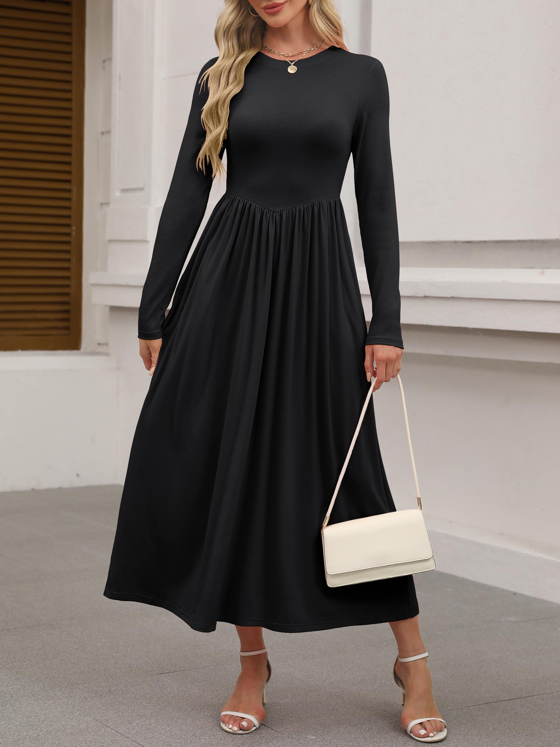 ANRABESS Women's Long Sleeve Maxi Dress - Crew Neck Casual Slim Fit Pleated Midi Dress with Pockets | Spring 2025 Fashion | Perfect for Office, Date Night & Weekend Outings