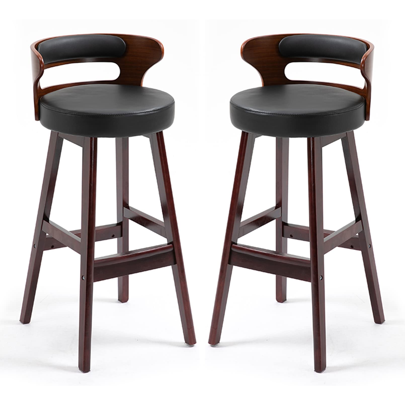 2-Pack Faux Leather Bar Stools with Wooden Legs - Farmhouse Style Kitchen & Dining Chairs for Home, Bistro & Coffee Shop - Comfortable Upholstered Counter Height Stools for Breakfast Nook, Kitchen Island & Cafe Seating