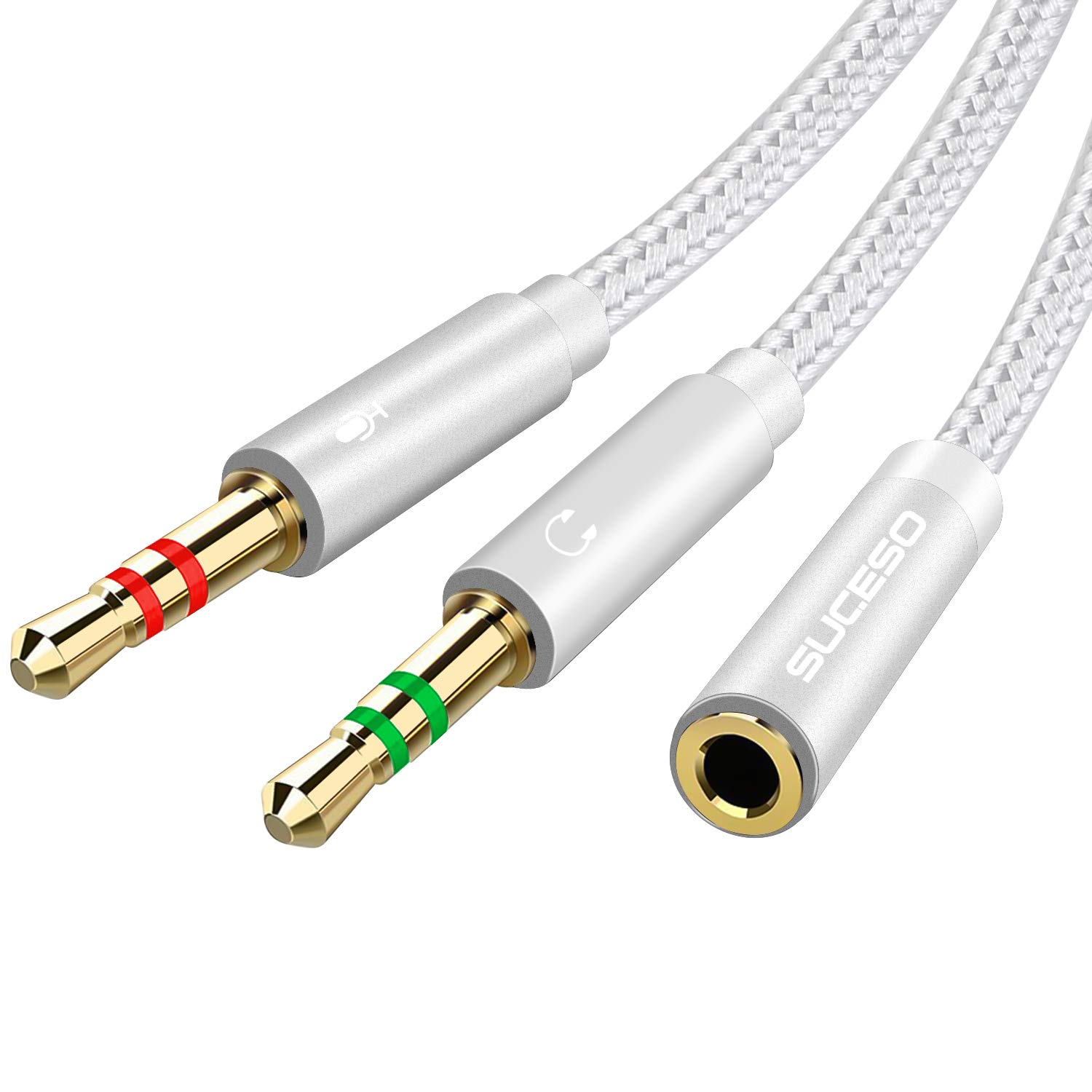 SUCESO 3.5mm Headphone Mic Splitter Cable - CTIA Standard Headset Adapter, Female to Dual Male Audio Jack, Compatible with PC, PS4, Gaming Headsets & Speakers (1m Silver) - Perfect for Online Gaming, Conference Calls & Home Theater Systems