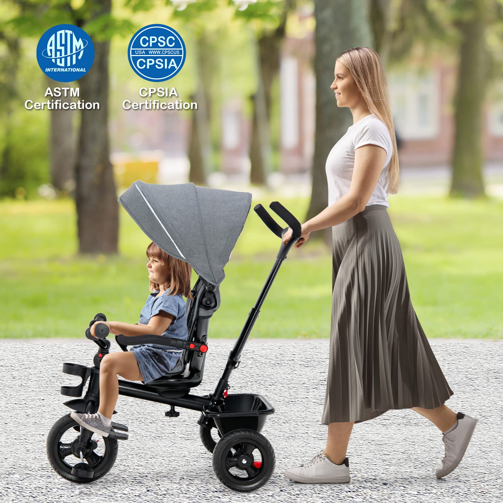 HONEY JOY 5-in-1 Adjustable Baby Tricycle Stroller with Canopy & Push Handle - Reversible Seat, EVA Wheels, Cup Holder & Storage Basket - Toddler Trike for Kids Ages 1.5-5 Years (Gray) - Perfect for Outdoor Walks, Park Visits & Neighborhood Rides
