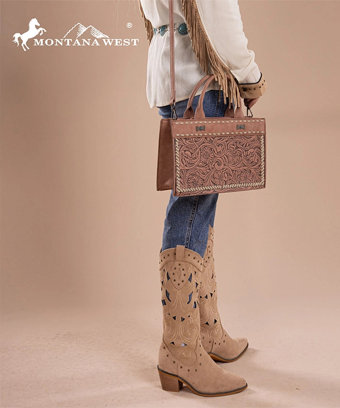 Montana West Floral Tooled Leather Tote Bag Set for Women - Stylish Handbag for Work, Travel & Everyday Use
