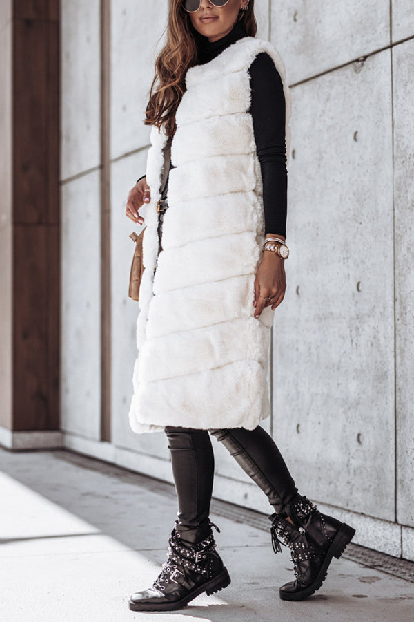 Solid Color Fur Round Neck Sleeveless Midi Vest Jacket for Women - Cozy Winter Fashion Outerwear for Casual Outings & Office Wear