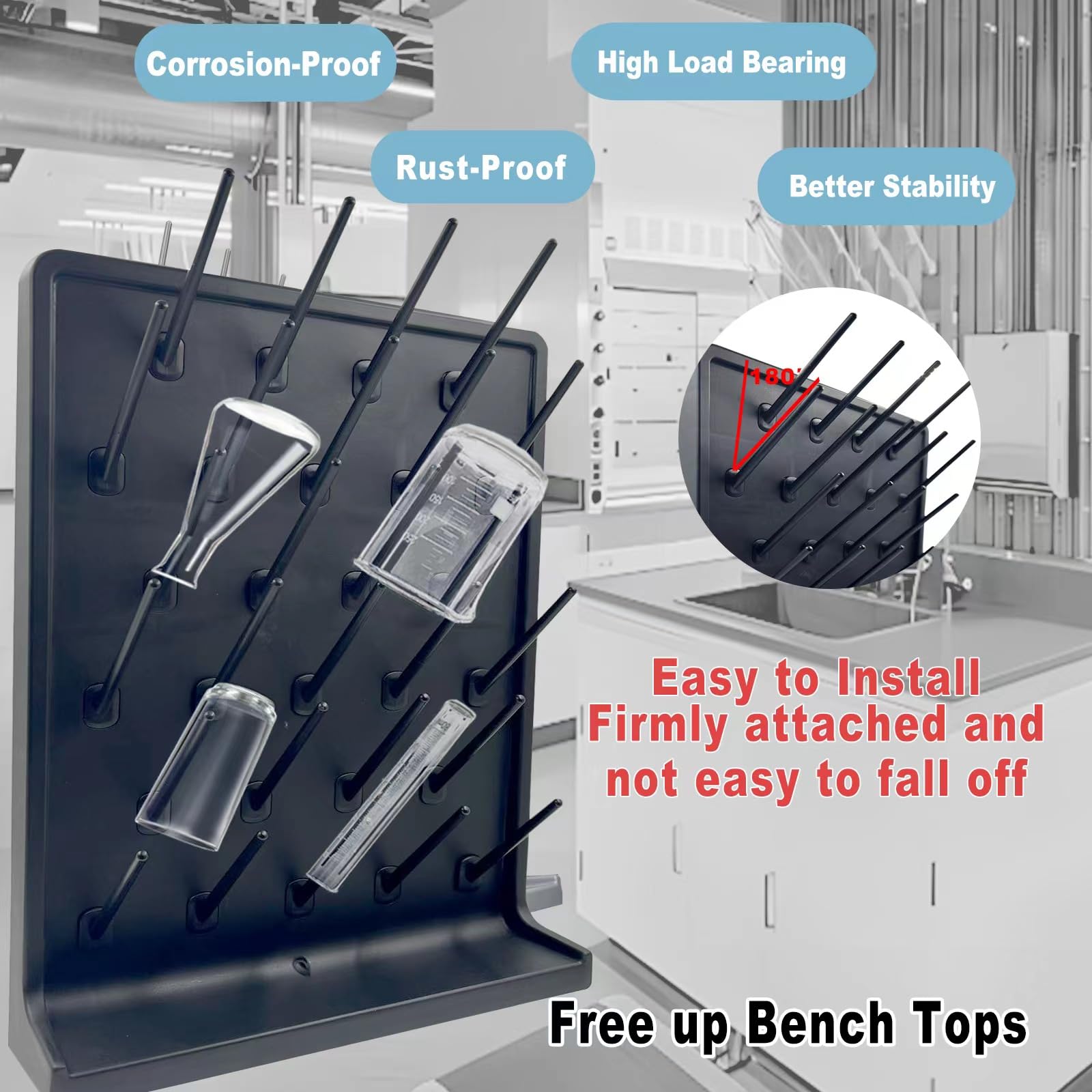 27-Peg Lab Drying Rack - Wall Mount Black Laboratory Glassware Drying Stand for School & Research Labs | Space-Saving Hidden Installation for Test Tubes, Beakers & Science Utensils | Perfect for Chemistry Classrooms & Home Science Experiments