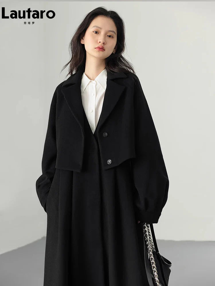 Luxury Vintage Black Wool Coat for Women - Warm Thick Winter Long Flowy Designer Coat - 2 Piece Outfit Set 2023 | Perfect for Fall & Winter Fashion, Office Wear & Holiday Outfits