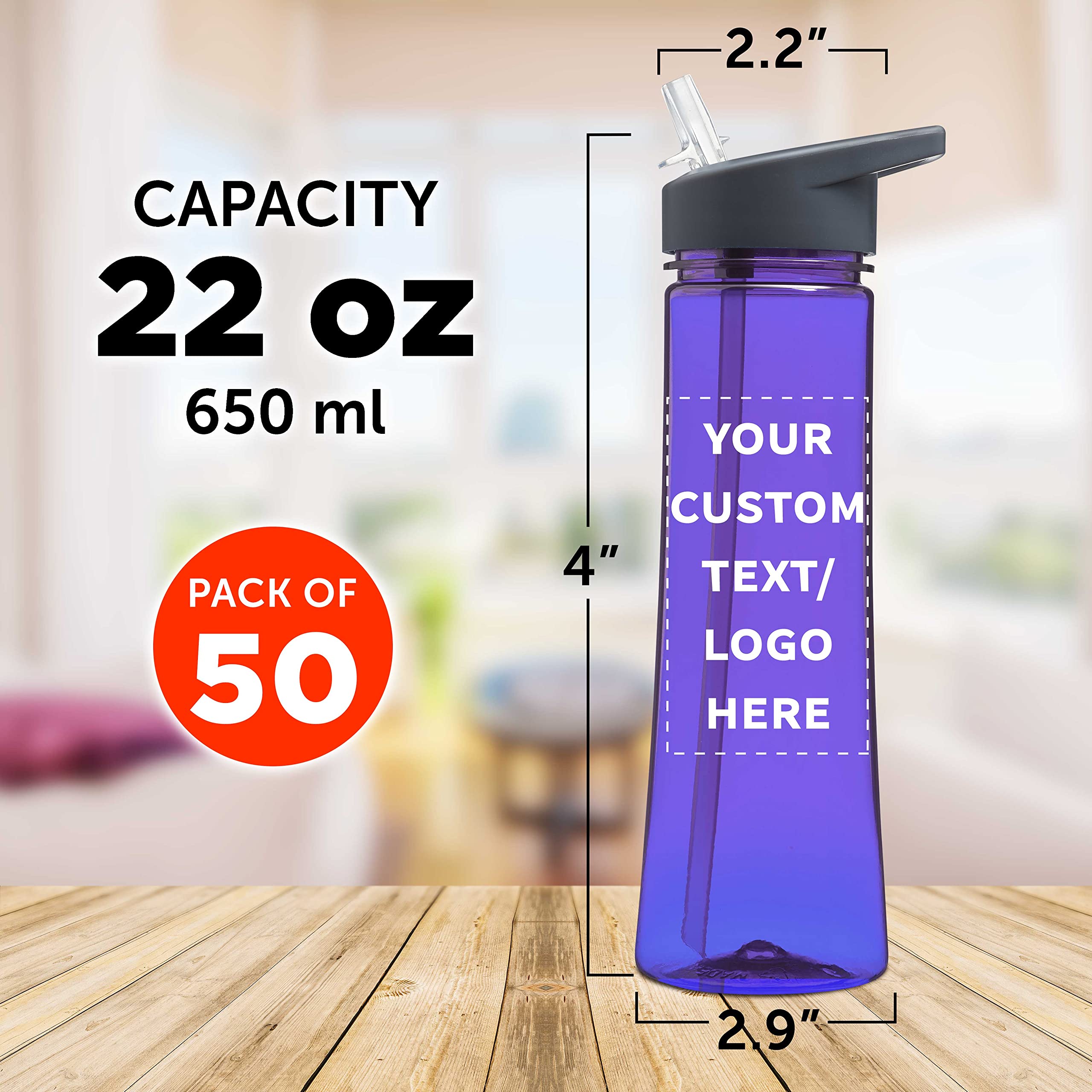 Custom 22 oz Plastic Water Bottles with Drink Spout - Bulk Pack of 50 Personalized Reusable Bottles for Gym, Hiking, Cycling, Camping - Durable BPA-Free Purple Sports Bottles - Perfect for Outdoor Activities, Fitness & School Hydration