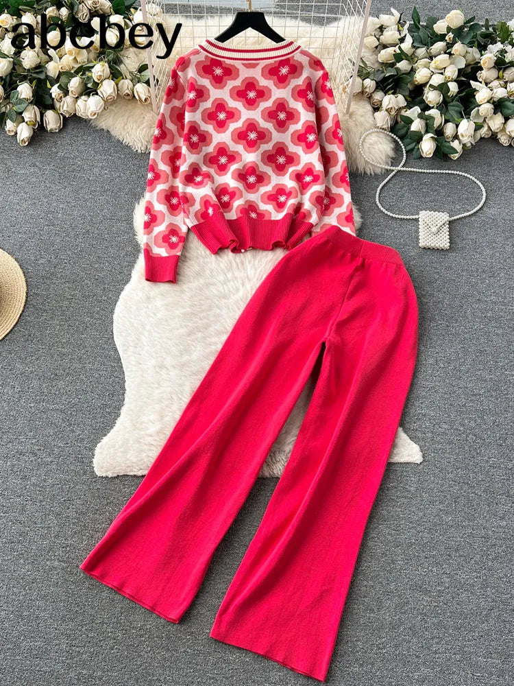Floral Knit Cardigan and Wide Leg Pants Set for Women - Single Breasted Button Hollow Out Sweater with Solid Color Autumn Outfit | Casual Office Wear, Fall Fashion, Date Night Ensemble