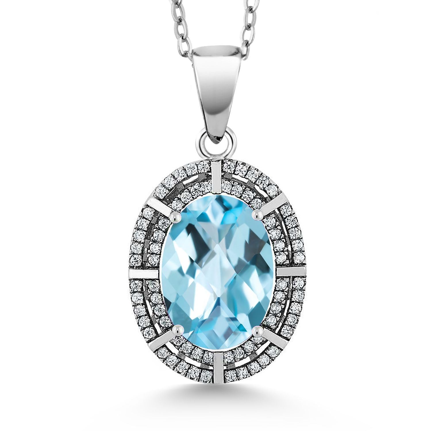 Gem Stone King 5-10 Cttw Two Row Halo Necklace with 14X10MM Oval Gemstone Birthstone in 925 Sterling Silver | Double Row Halo Pendant Necklace for Women | 18 Inch Silver Chain | Perfect Gift for Birthday, Anniversary & Valentine's Day