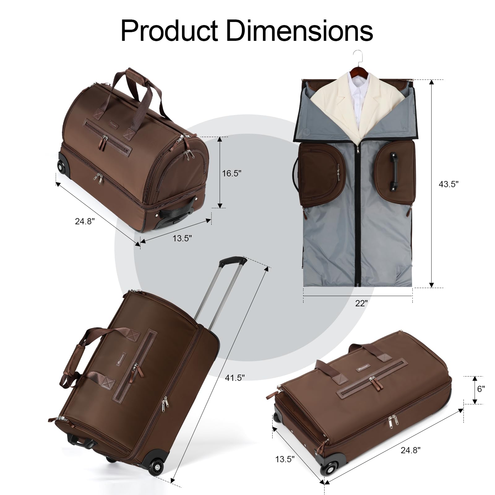 Modoker Convertible Rolling Garment Bag for Travel - Expandable Suitcase with Wheels, Trolley Handle & Shoe Compartment | Business Trip Luggage, Weekender Duffel Bag for Men & Women (Brown) - Perfect for Air Travel, Business Meetings & Weekend Getaways