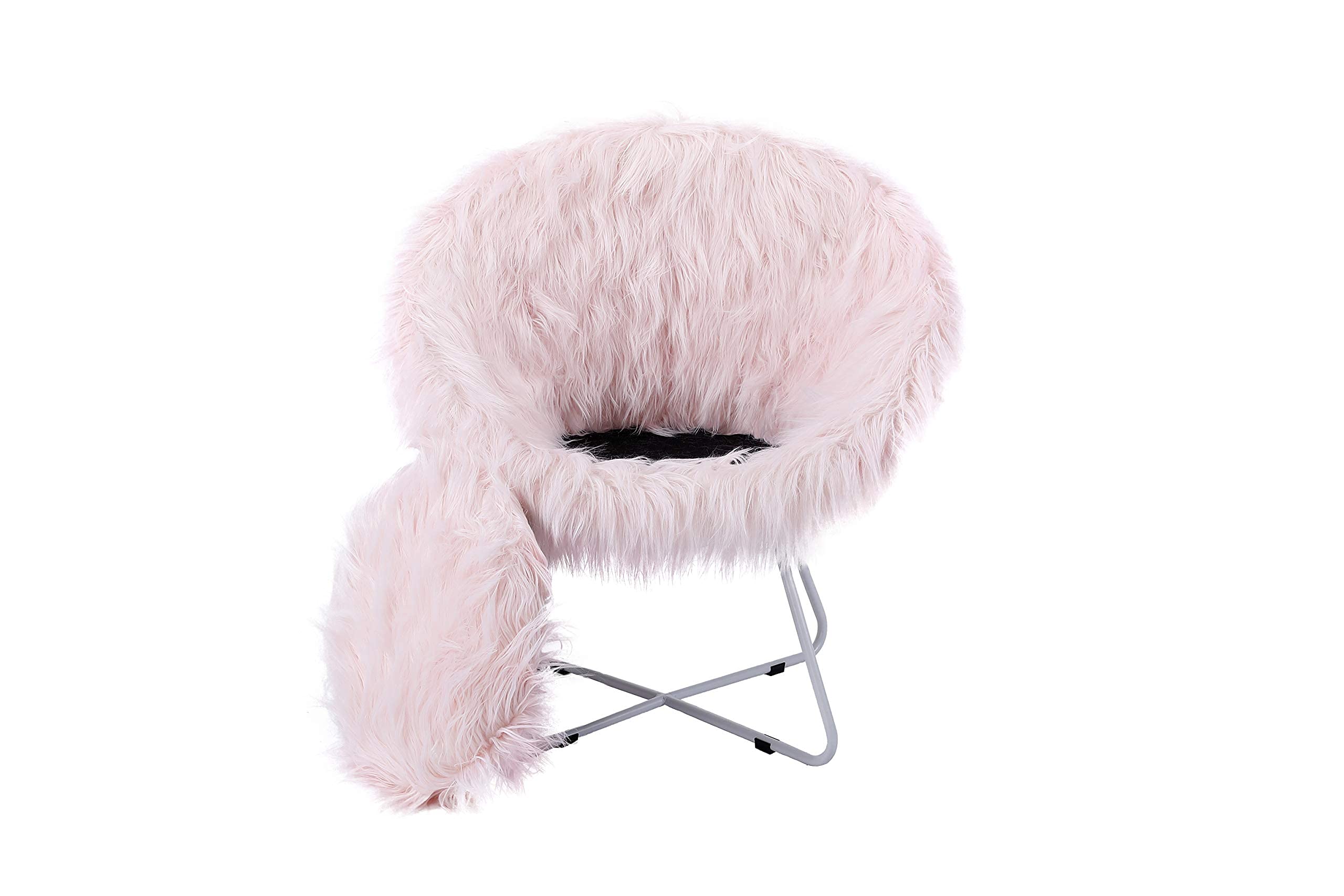 Luxury Faux Fur Papasan Chair with Black Metal Legs - Ultra Soft & Lightweight Round Moon Chair - Wide Fluffy Cushion Seat for Living Room, Bedroom, Playroom or Dorm - Pink Circle Accent Chair for Cozy Reading Nook & Relaxation Space