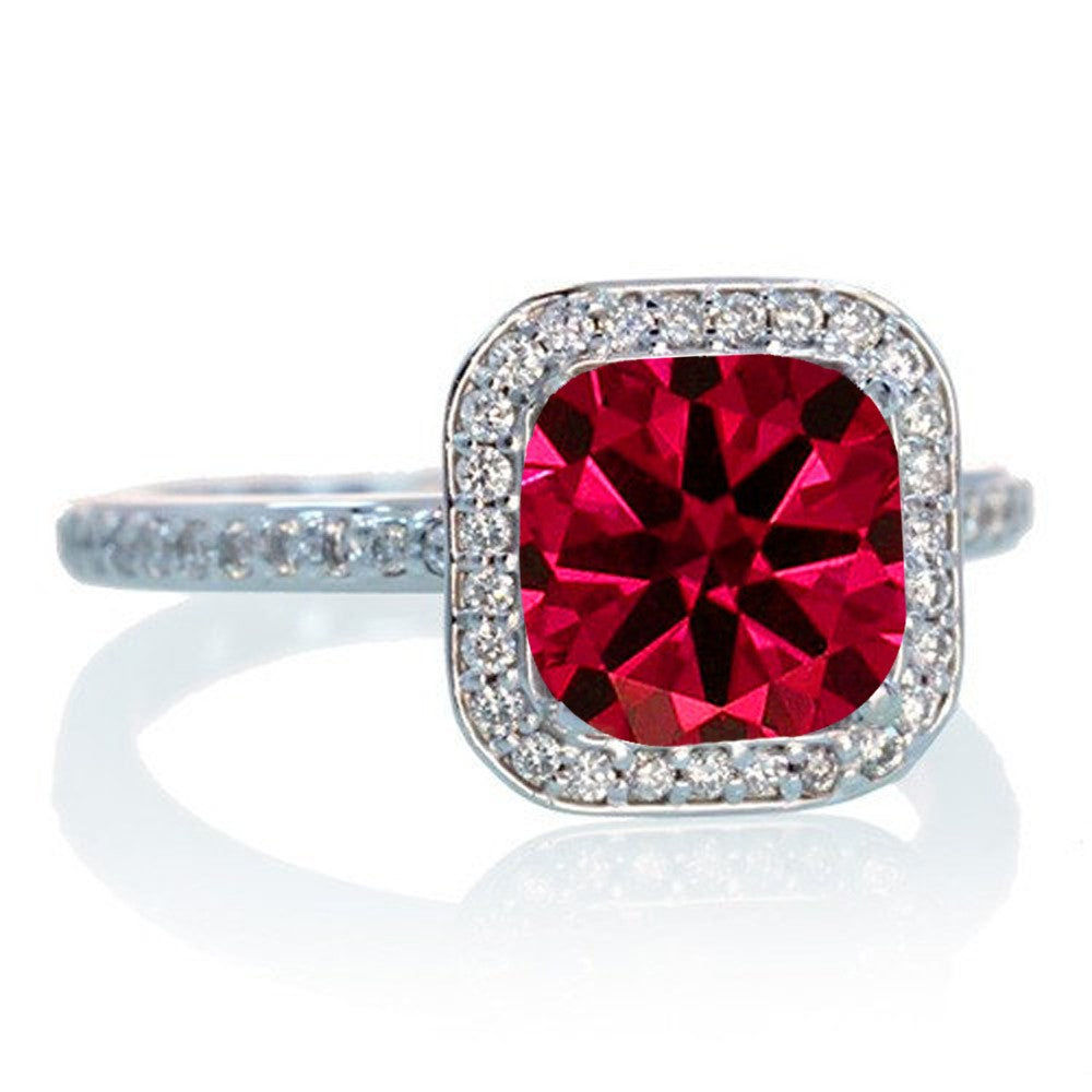 1.5 Carat Cushion Cut Ruby & Moissanite Diamond Halo Engagement Ring in 10k White Gold - Perfect for Proposals, Anniversaries & Special Occasions