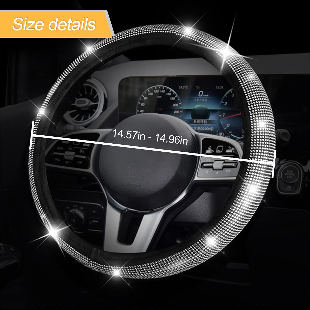 Sparkling Crystal Diamond Rhinestone Steering Wheel Cover - 15 Inch Anti-Slip Elastic Universal Fit for Cars, SUVs & Vehicles - Luxurious Bling Car Interior Accessories (White) - Perfect for Night Driving, Car Shows & Adding Glam to Your Ride