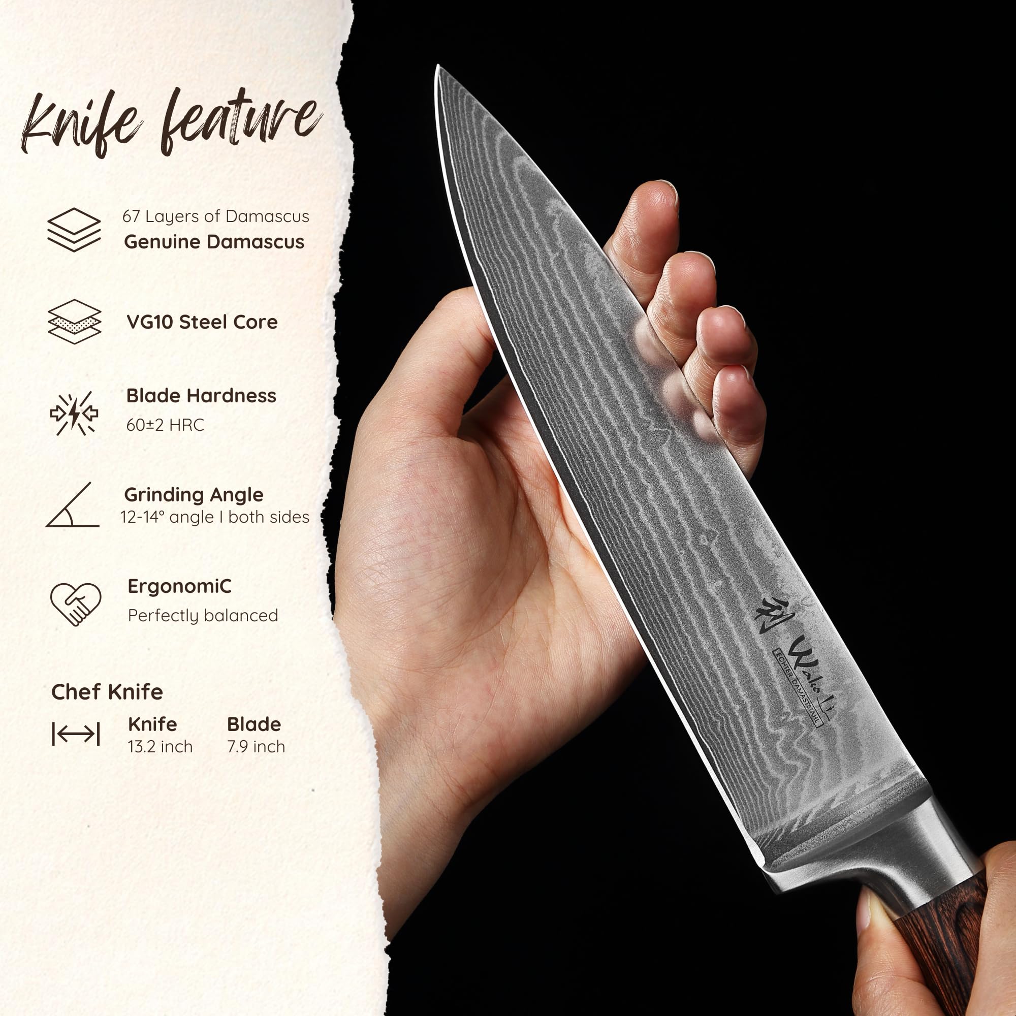 Wakoli 8-inch Damascus Chef Knife - 67-Layer VG10 Core Steel Blade with Ergonomic Pakkawood Handle - Professional Kitchen Knife for Slicing, Dicing & Chopping - Perfect Gift Box for Home Chefs & Cooking Enthusiasts